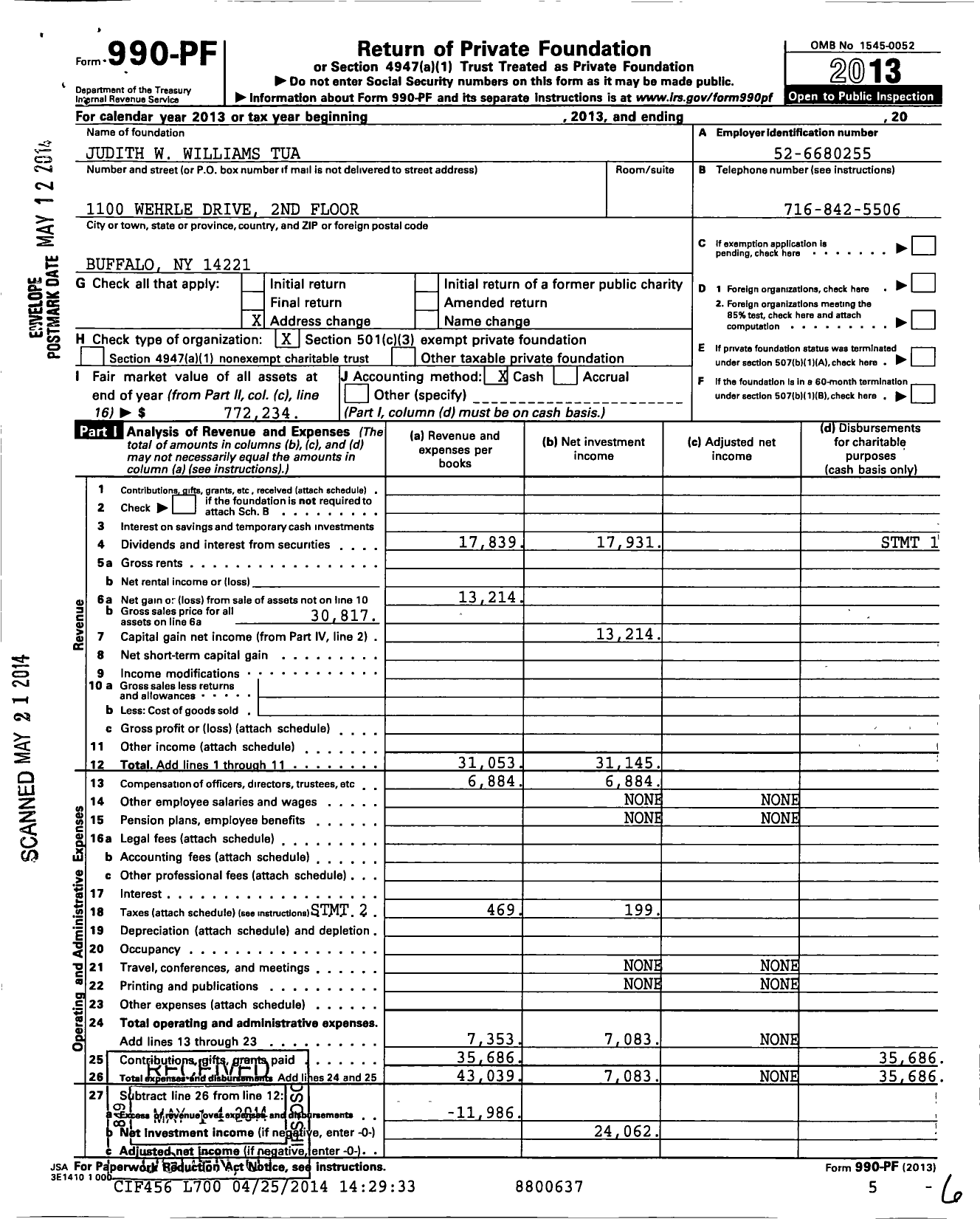 Image of first page of 2013 Form 990PF for Judith W Williams Tua