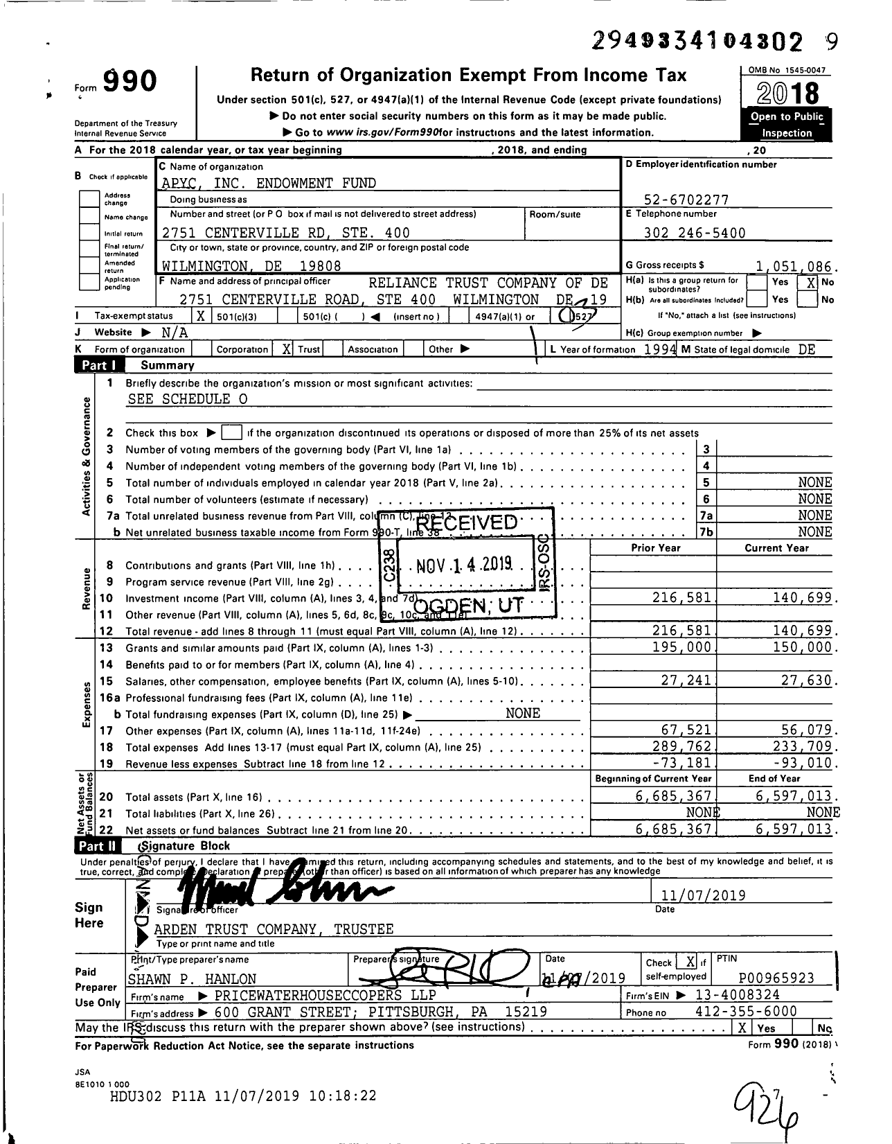 Image of first page of 2018 Form 990 for Apyc Endowment Fund