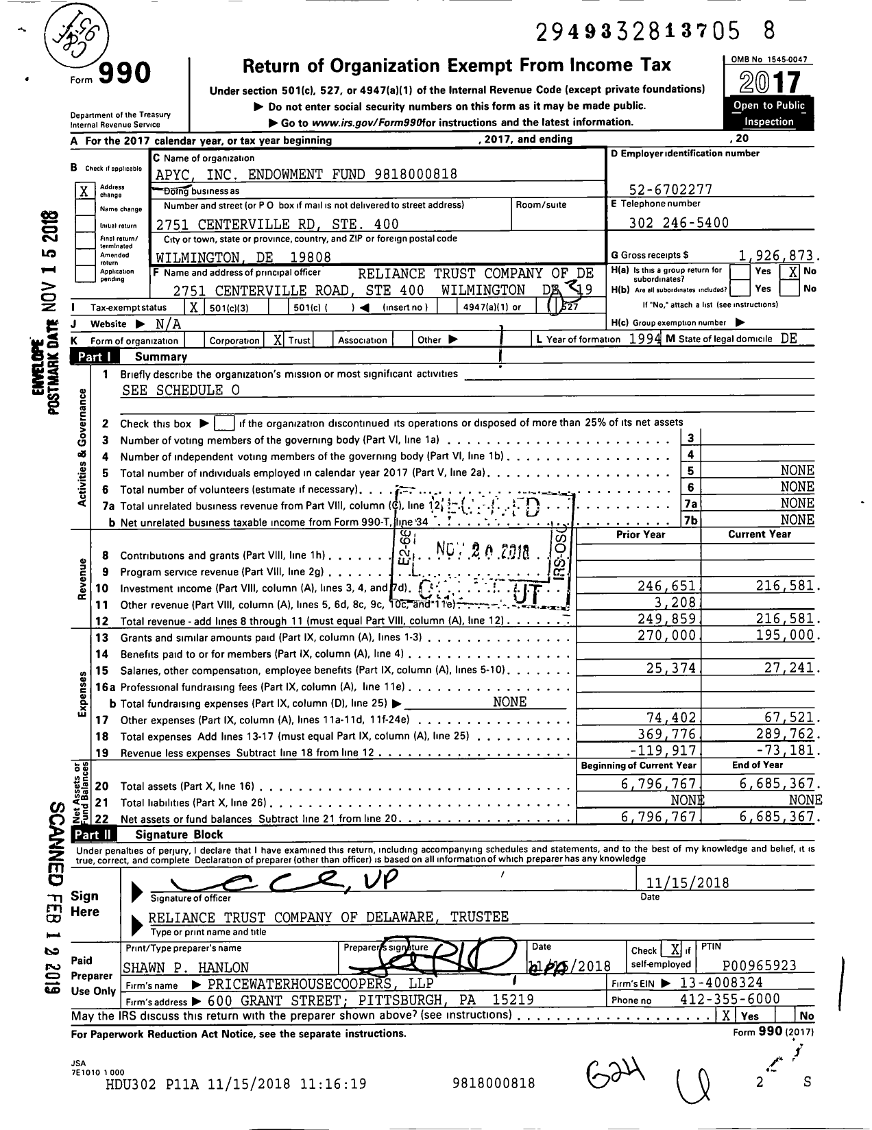 Image of first page of 2017 Form 990 for Apyc Endowment Fund