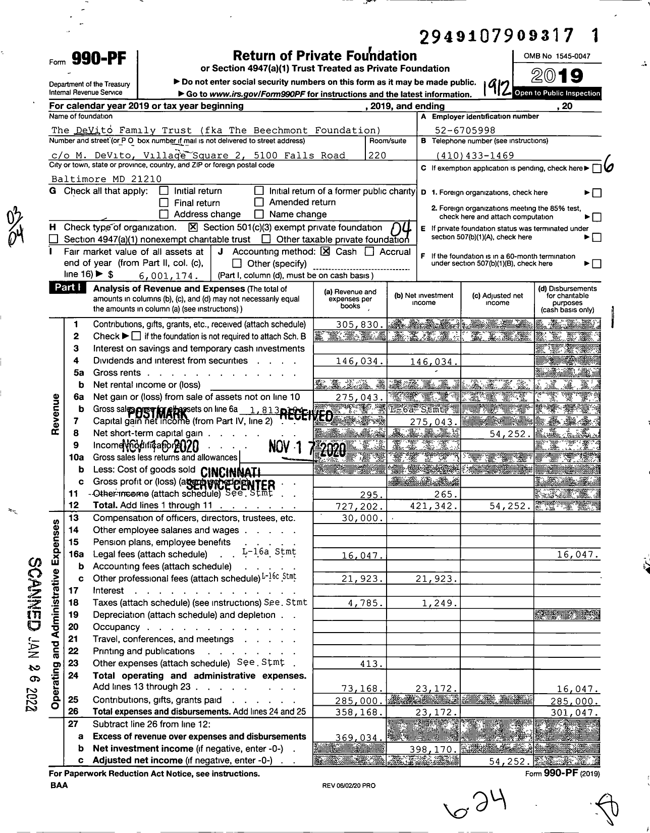 Image of first page of 2019 Form 990PF for The DeVito Family Trust