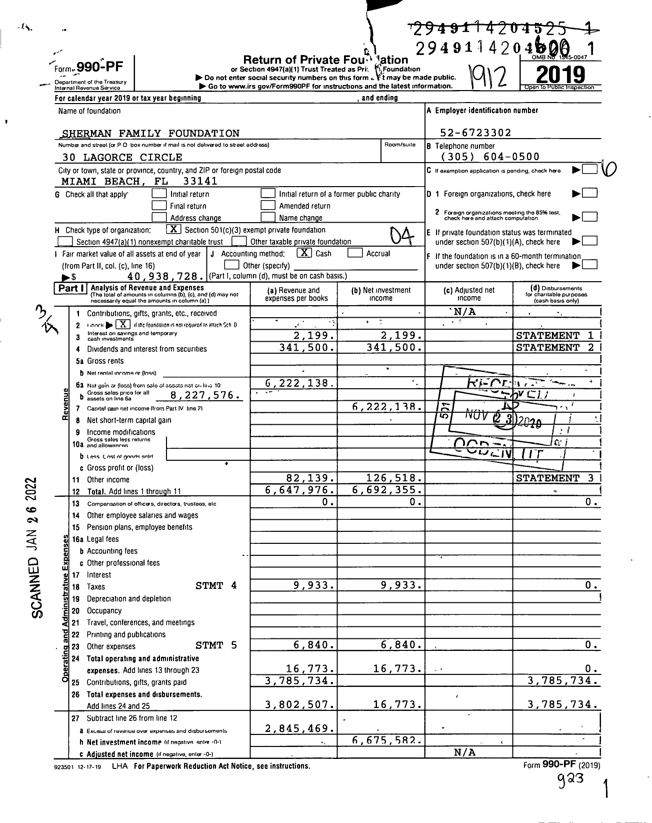 Image of first page of 2019 Form 990PF for Sherman Family Foundation / Sherman George M Ttee