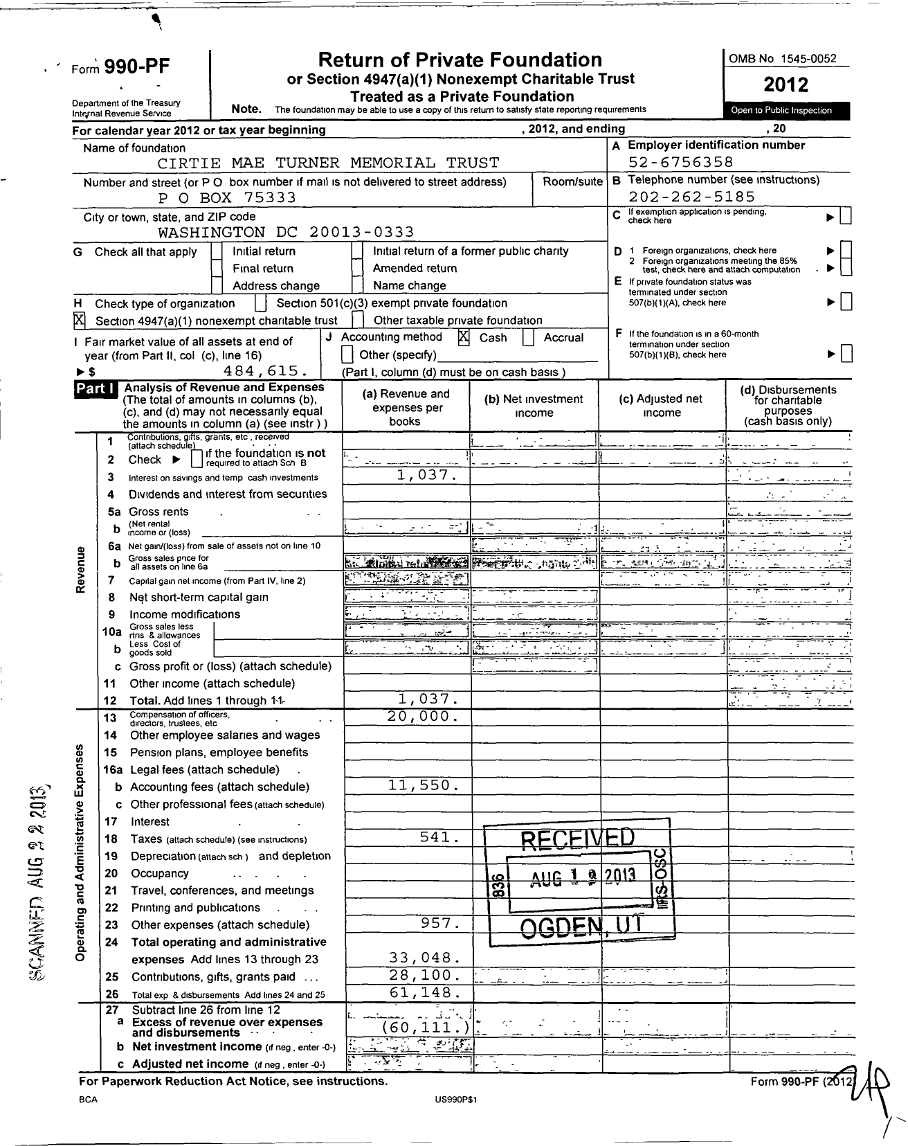 Image of first page of 2012 Form 990PF for Cirtie Mae Turner Memorial Trust