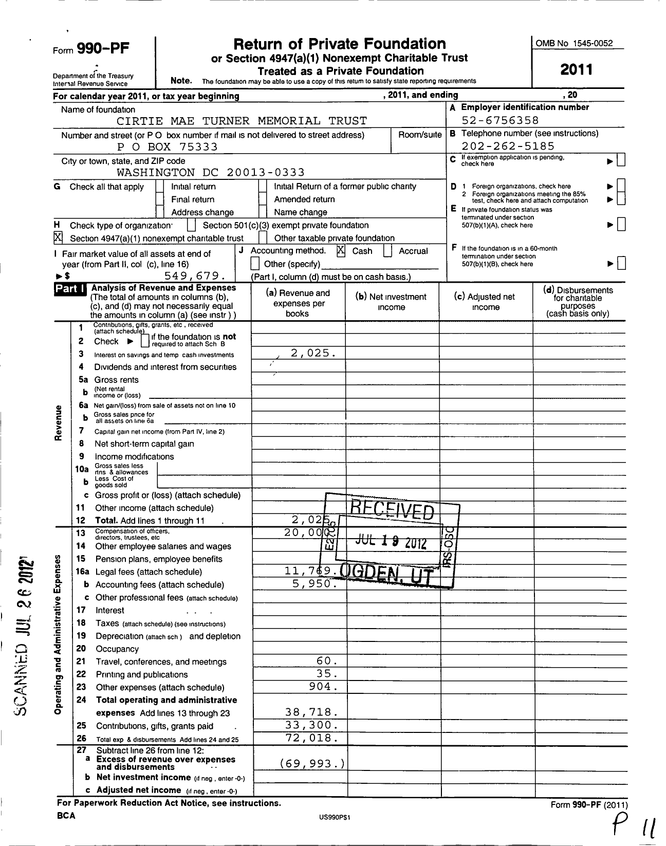 Image of first page of 2011 Form 990PF for Cirtie Mae Turner Memorial Trust