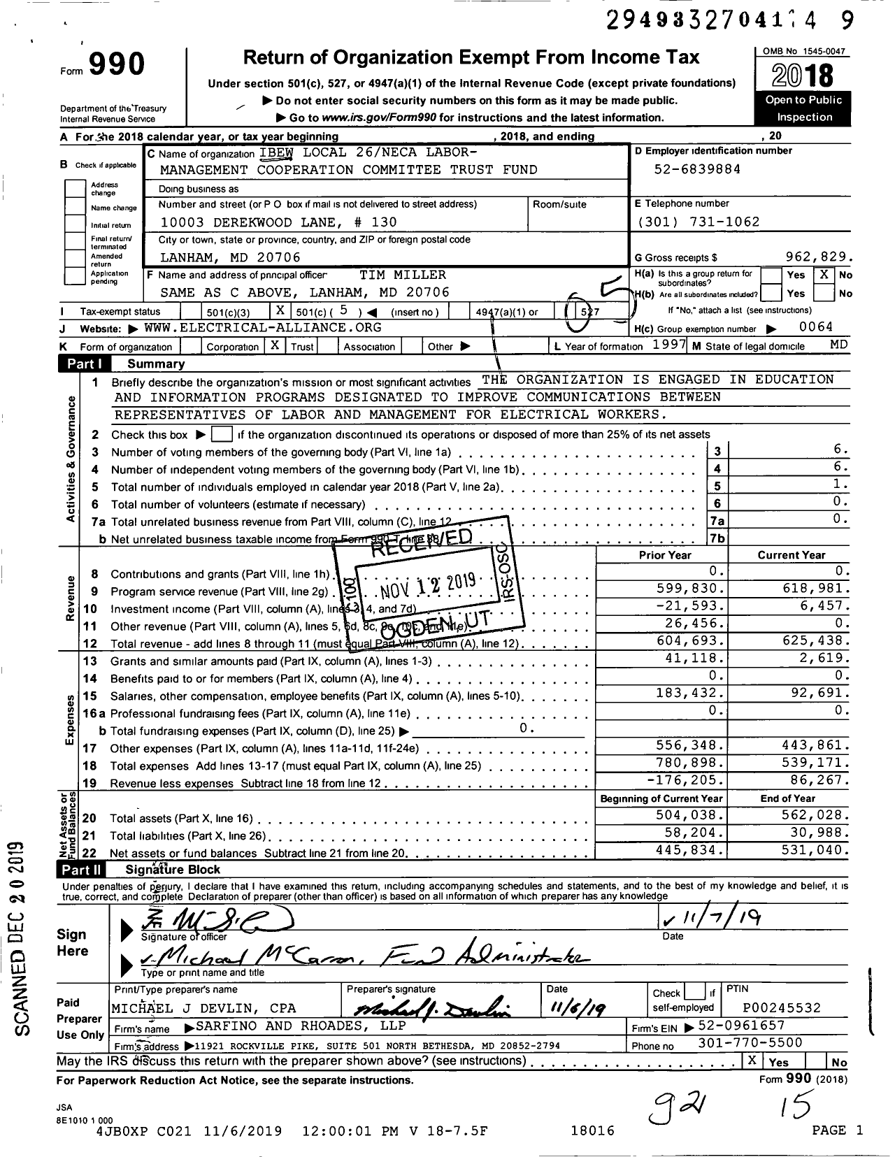 Image of first page of 2018 Form 990O for International Brotherhood of Electrical Workers - 26 Neca Labor MNGMT Coop Comm TR Fu