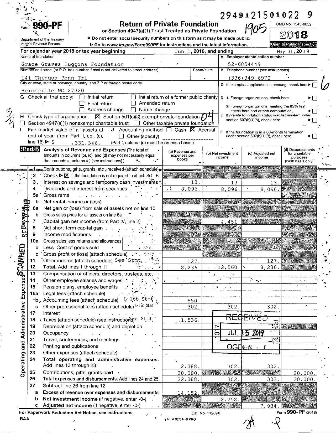 Image of first page of 2018 Form 990PF for Grace Graves Huggins Foundation