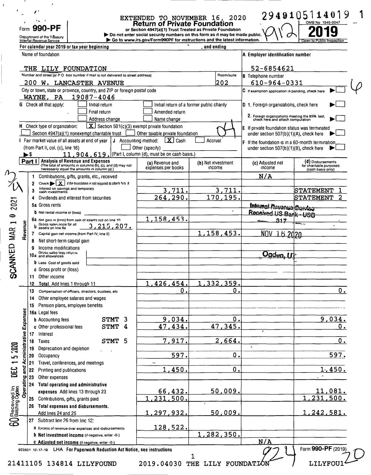 Image of first page of 2019 Form 990PF for The Lily Foundation