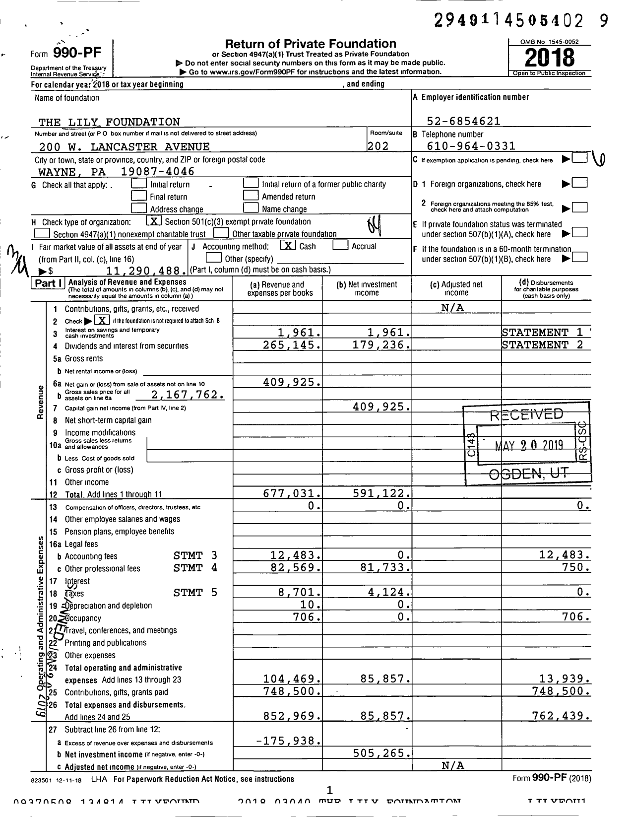 Image of first page of 2018 Form 990PF for The Lily Foundation