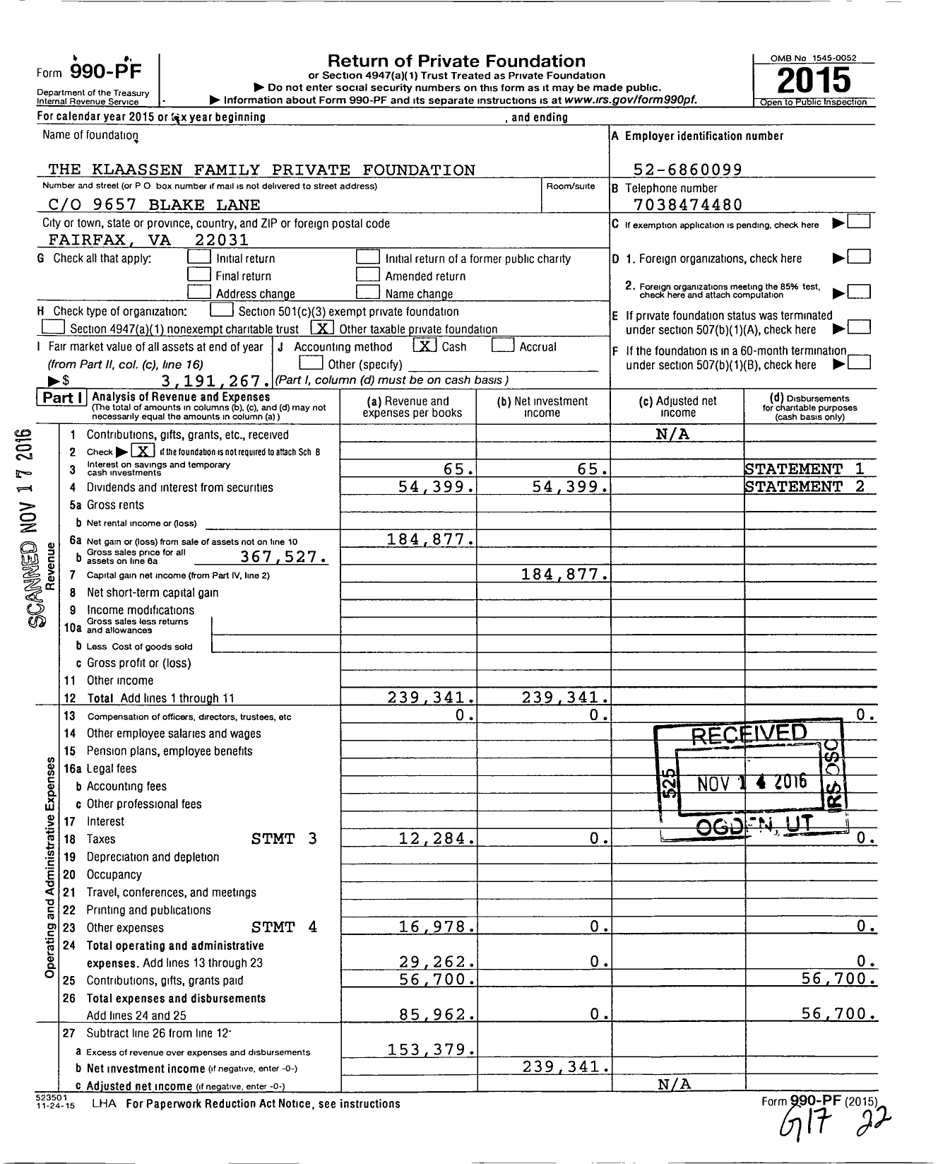 Image of first page of 2015 Form 990PF for The Klaassen Family Private Foundation