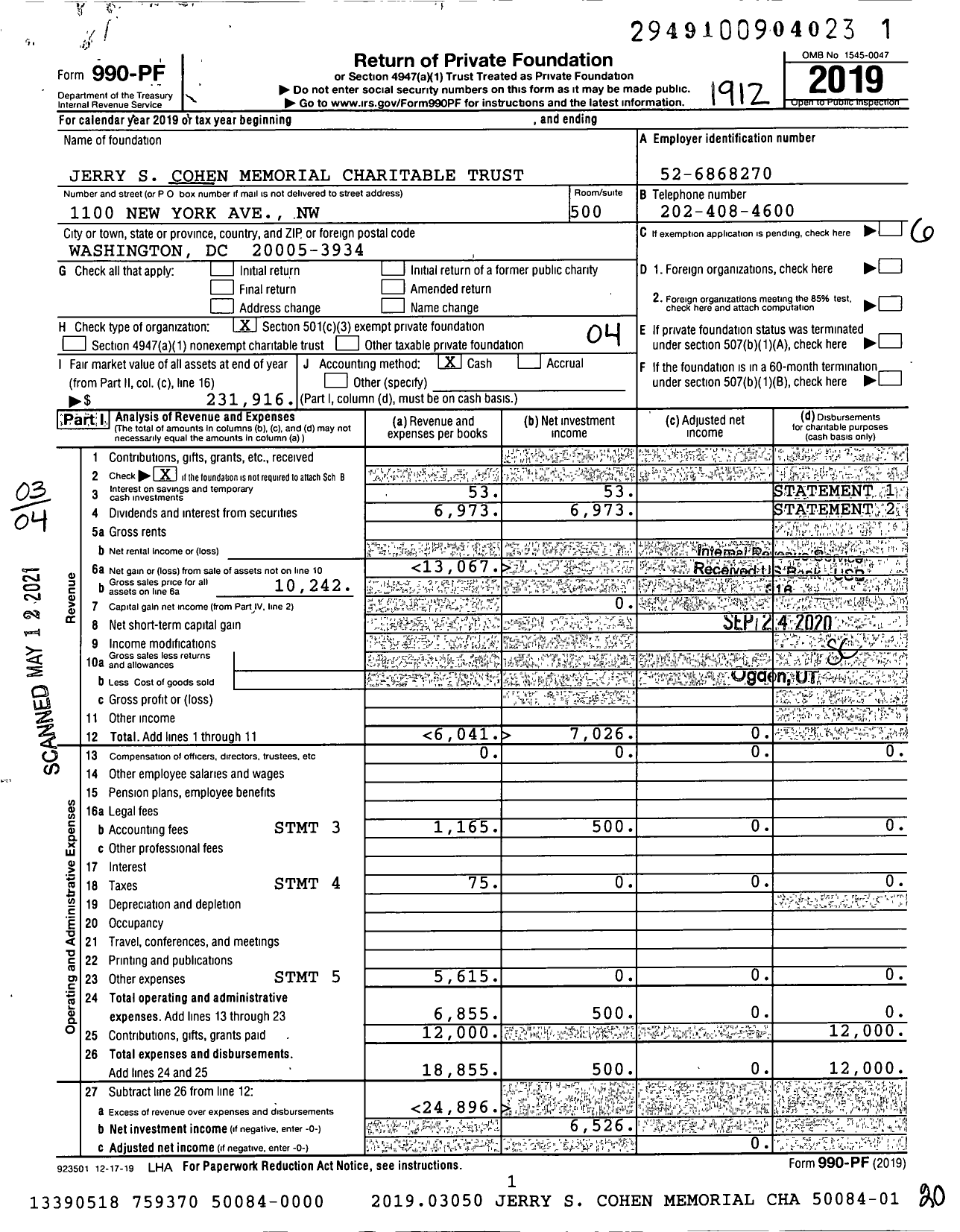 Image of first page of 2019 Form 990PF for Jerry S Cohen Memorial Charitable Trust