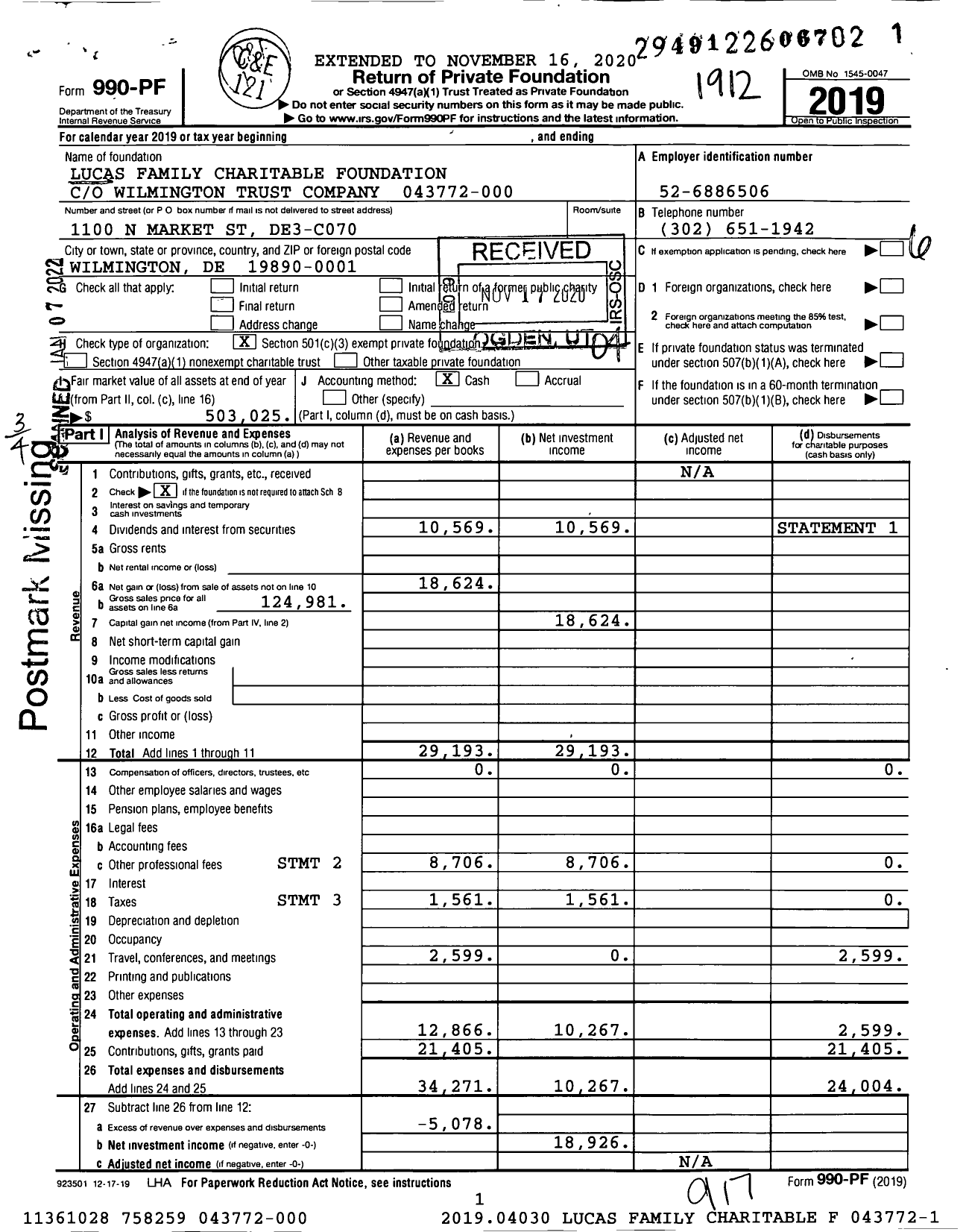 Image of first page of 2019 Form 990PF for Lucas Family Charitable Foundation 043772-000