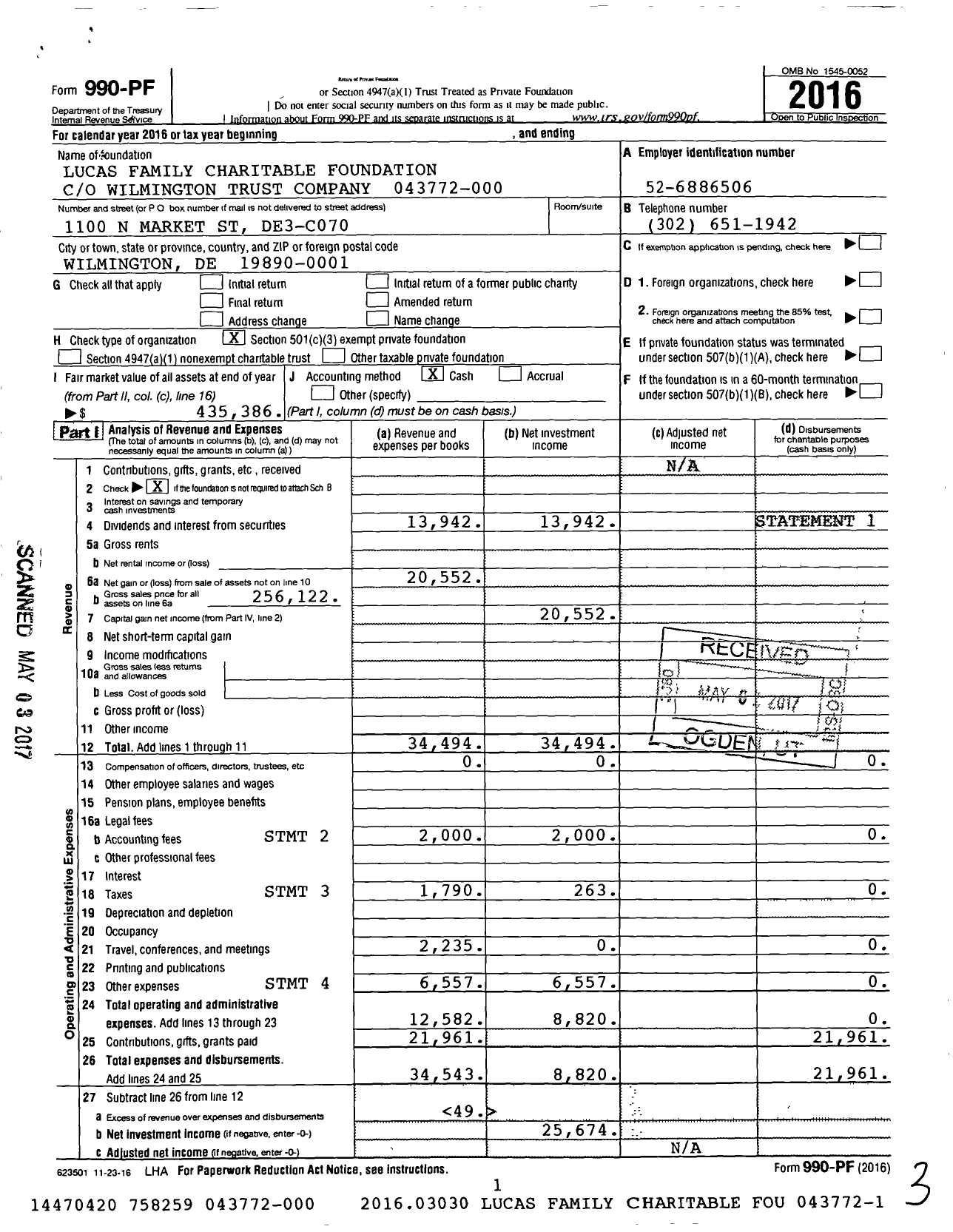 Image of first page of 2016 Form 990PF for Lucas Family Charitable Foundation 043772-000
