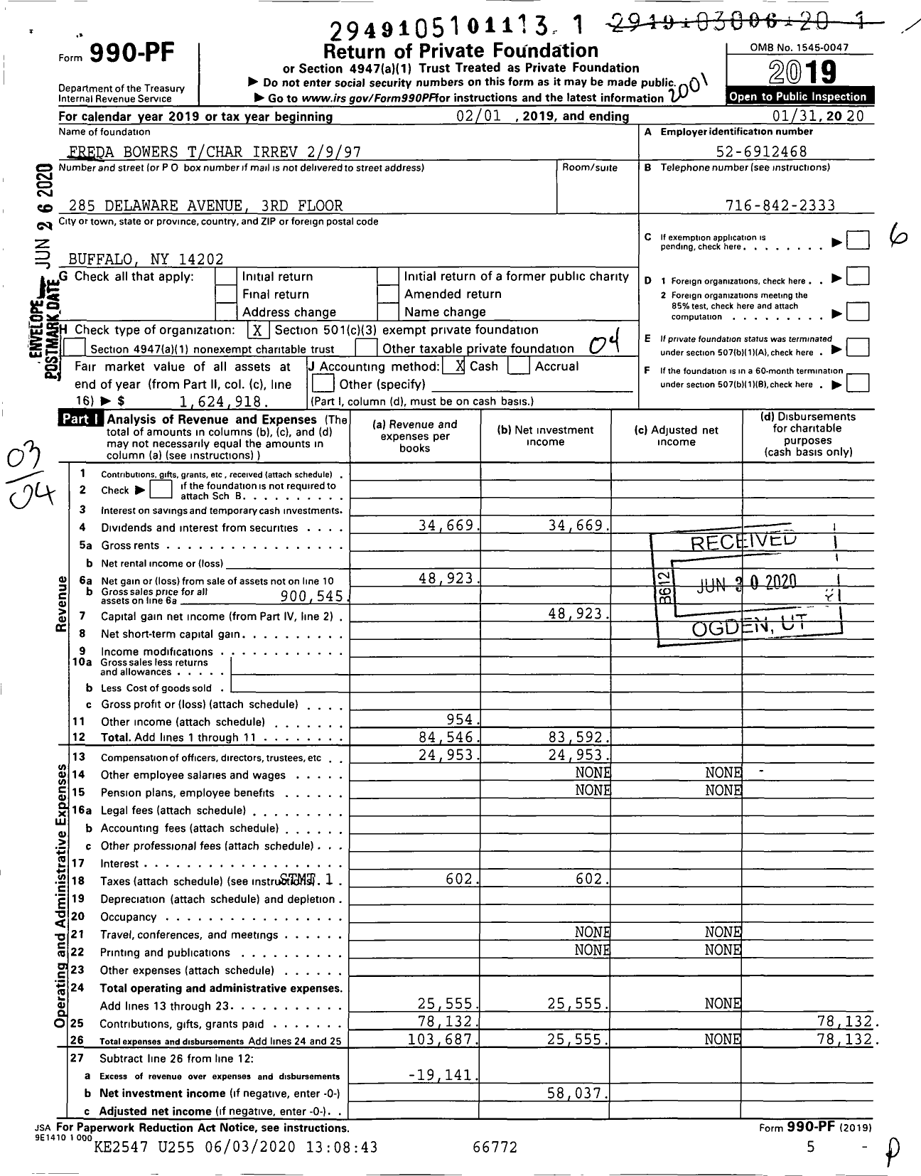 Image of first page of 2019 Form 990PF for Freda Bowers Bowers Charitable Foundation