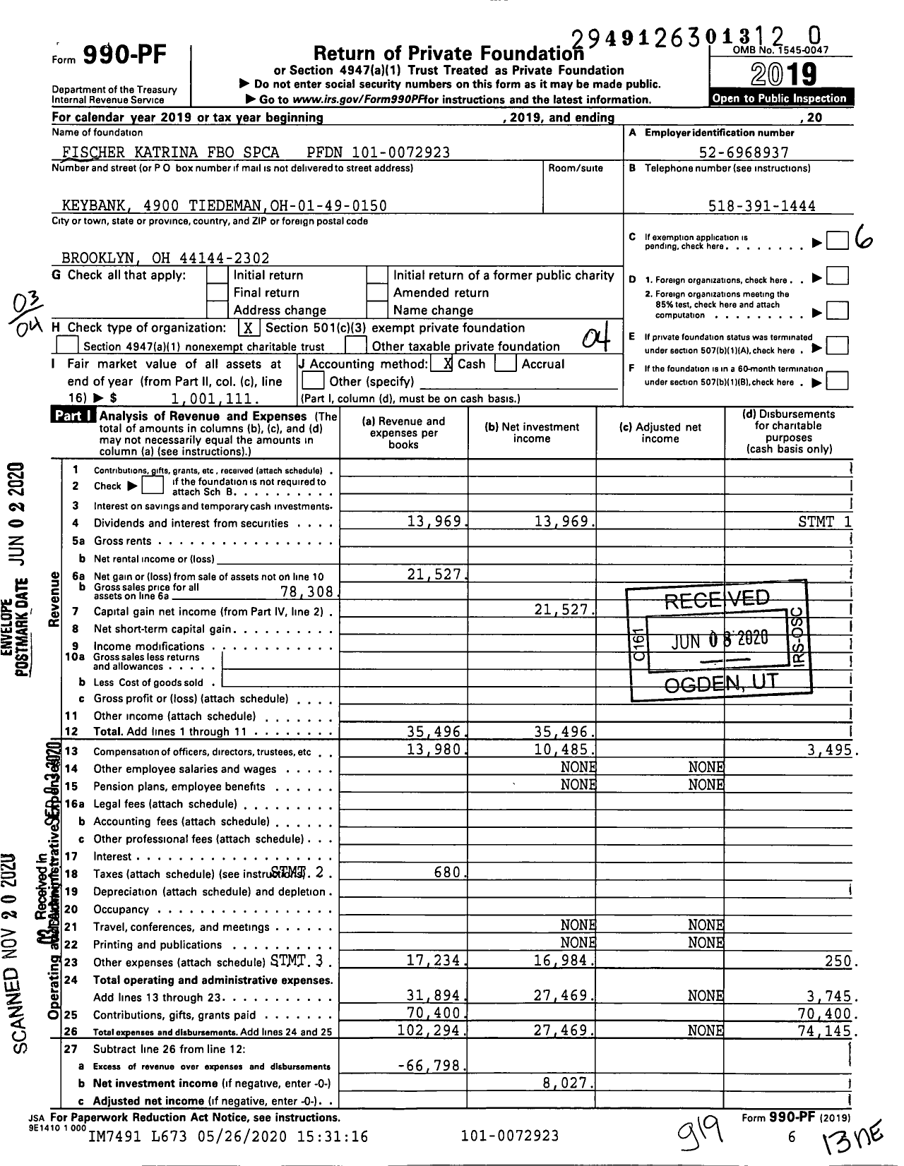 Image of first page of 2019 Form 990PF for Fischer Katrina Fbo Spca PFDN