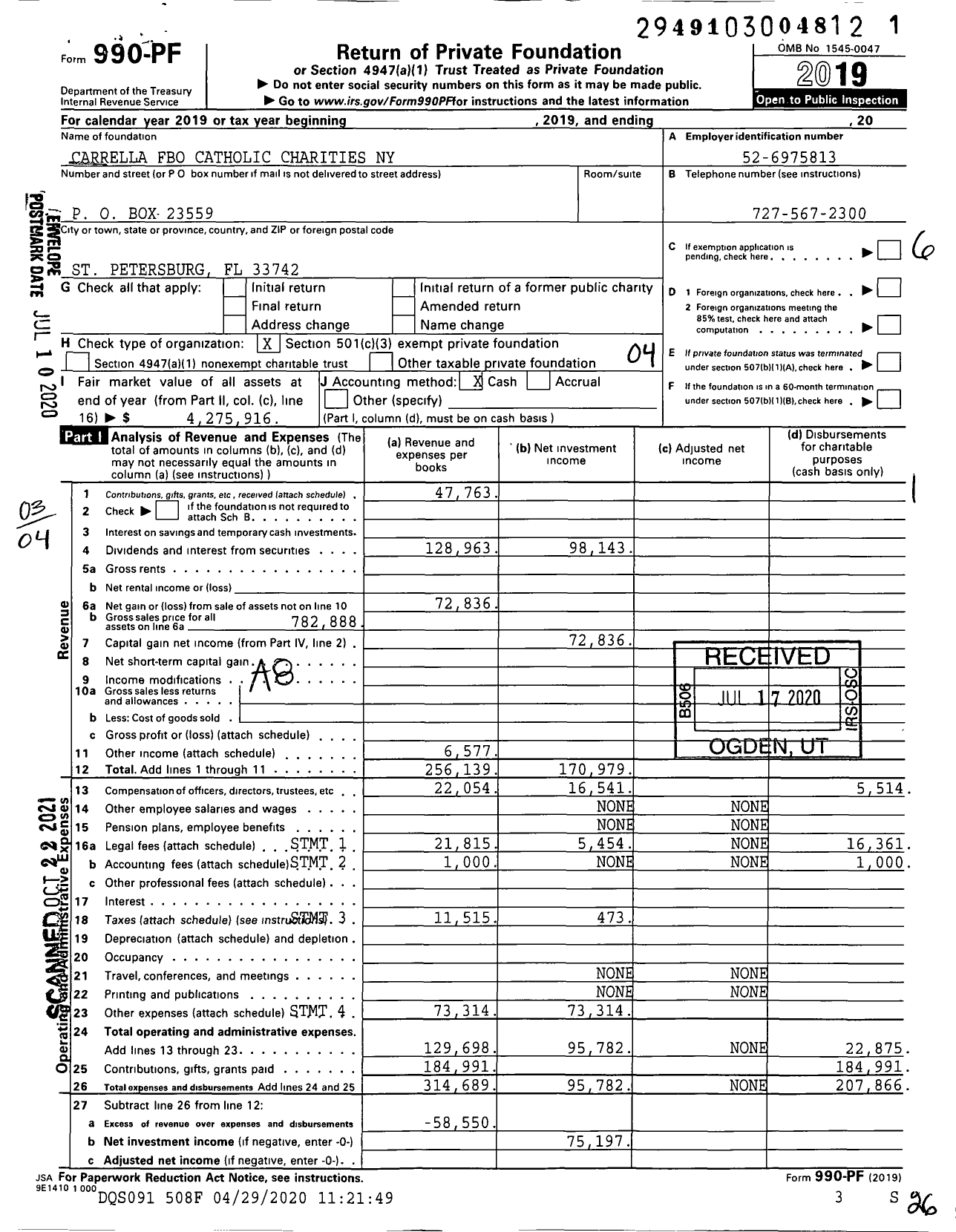 Image of first page of 2019 Form 990PF for Carrella Fbo Catholic Charities Ny