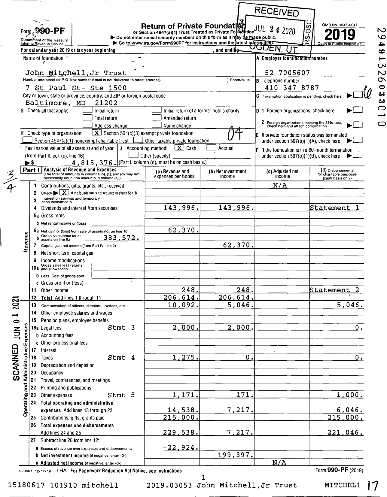 Image of first page of 2019 Form 990PF for John MitchellJr Trust