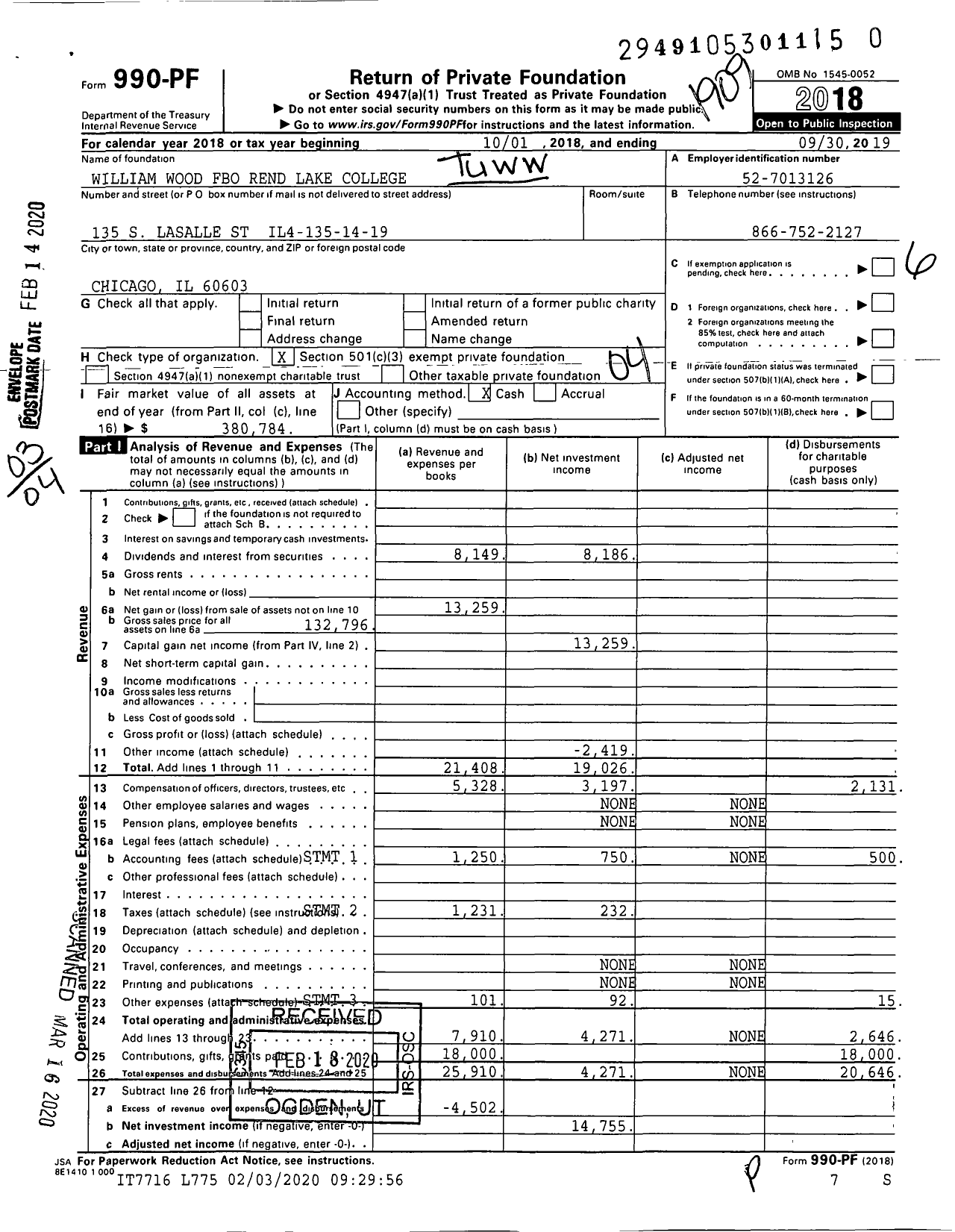 Image of first page of 2018 Form 990PR for William Wood Fbo Rend Lake College