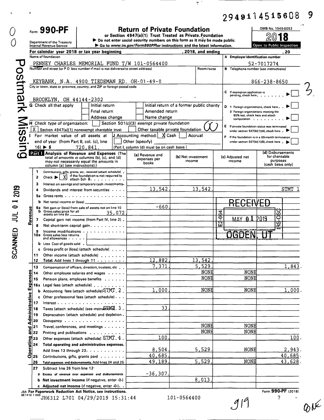 Image of first page of 2018 Form 990PF for Penney Charles Memorial Fund TW