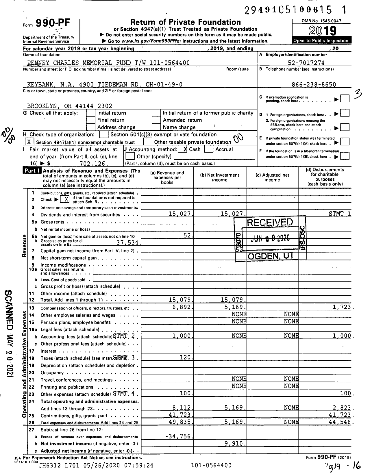 Image of first page of 2019 Form 990PF for Penney Charles Memorial Fund TW