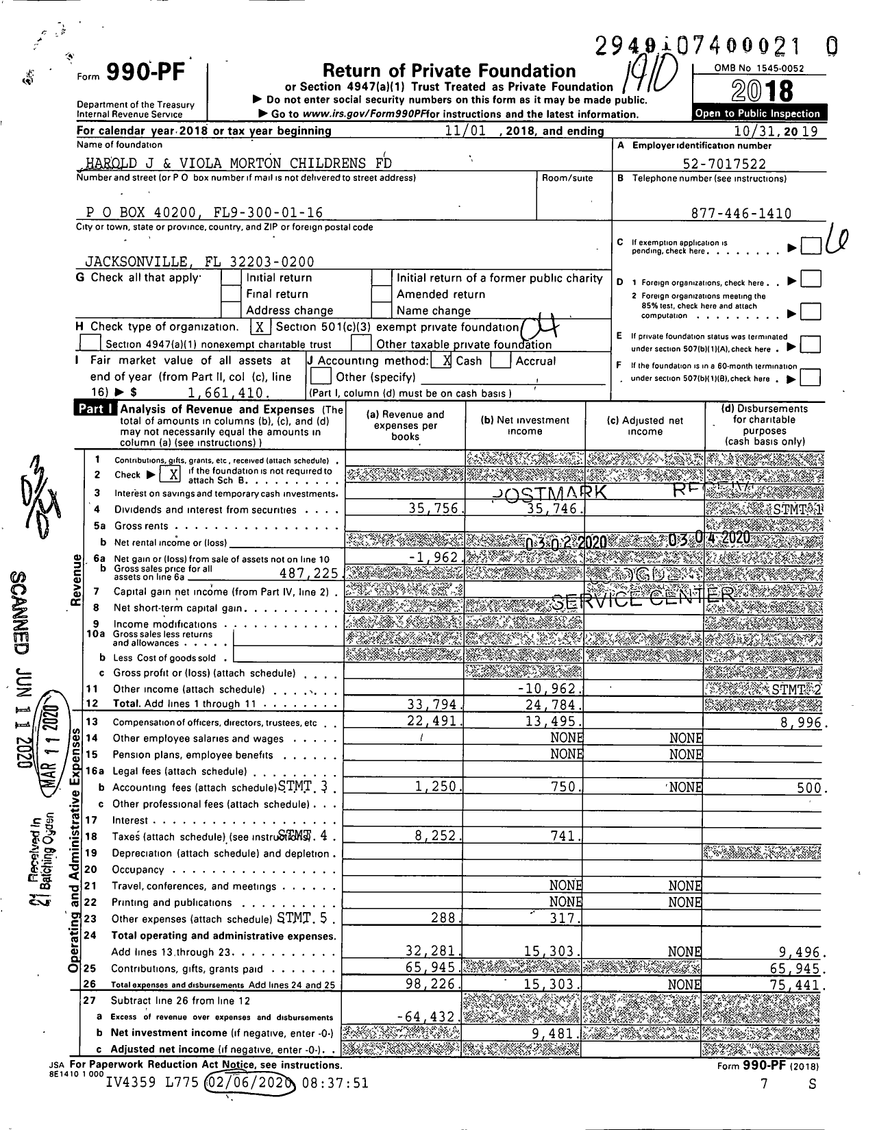 Image of first page of 2018 Form 990PR for Harold J and Viola Morton Childrens Fund