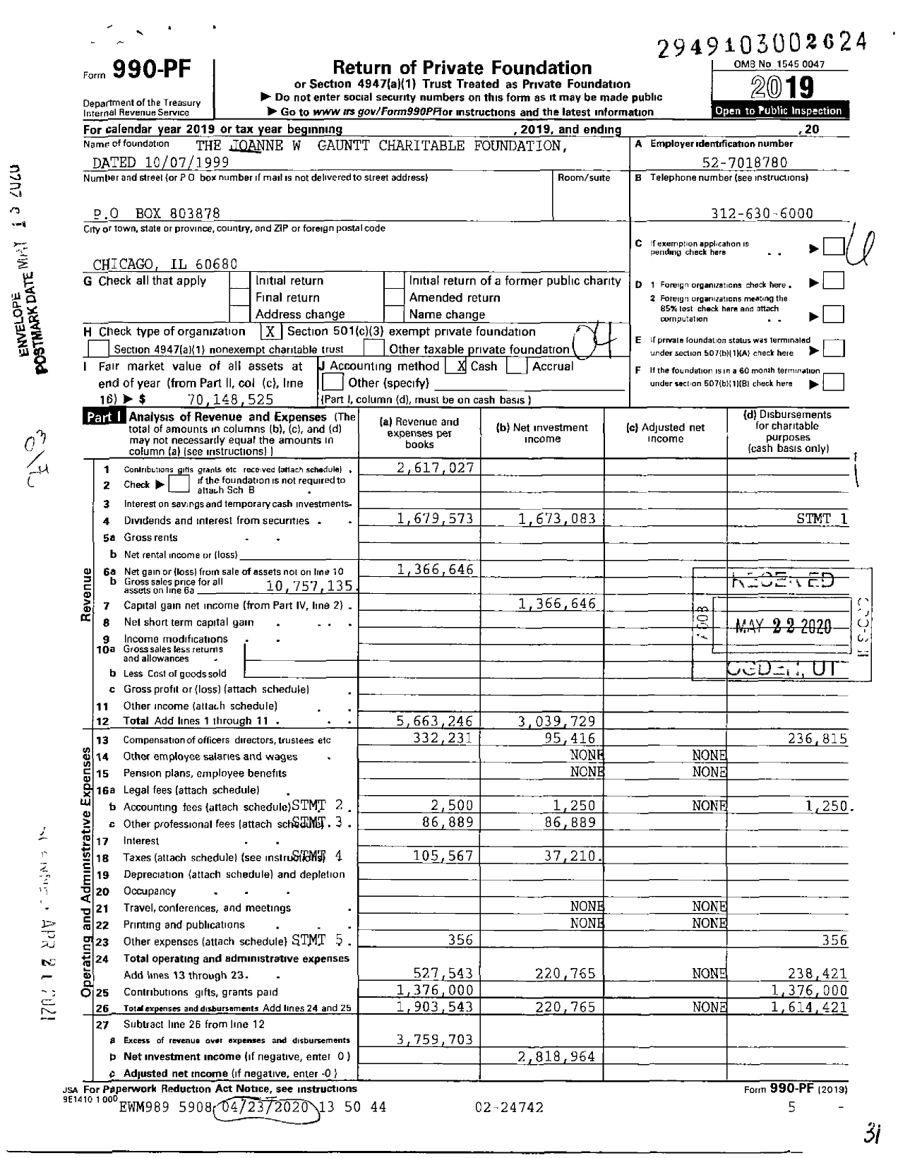 Image of first page of 2019 Form 990PF for The Joanne W Gauntt Foundation Dated