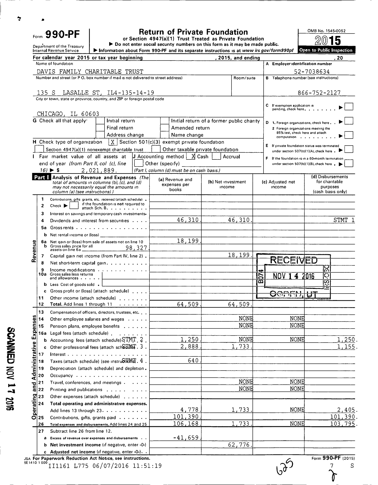 Image of first page of 2015 Form 990PF for Davis Family Charitable Trust