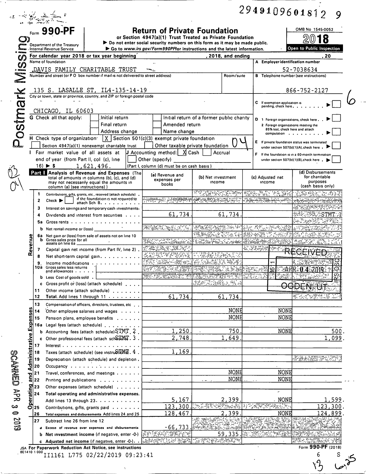 Image of first page of 2018 Form 990PF for Davis Family Charitable Trust