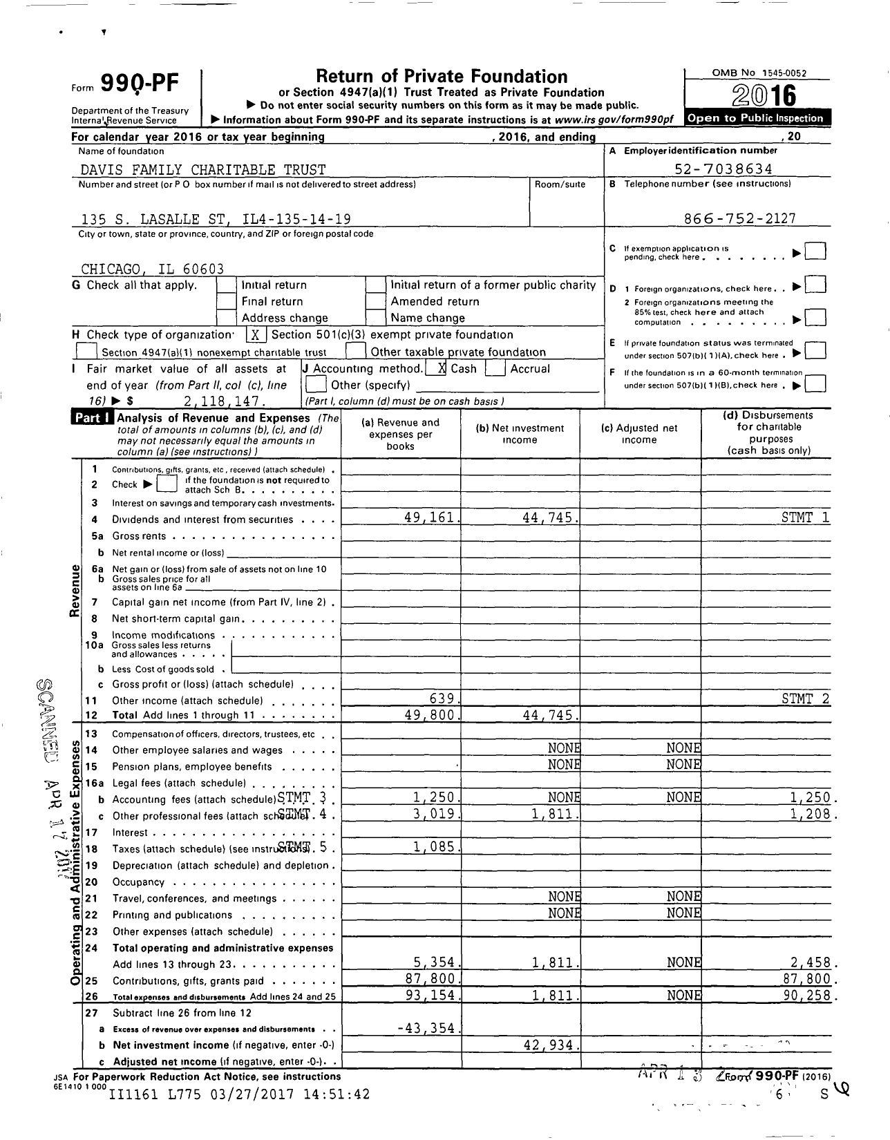 Image of first page of 2016 Form 990PF for Davis Family Charitable Trust