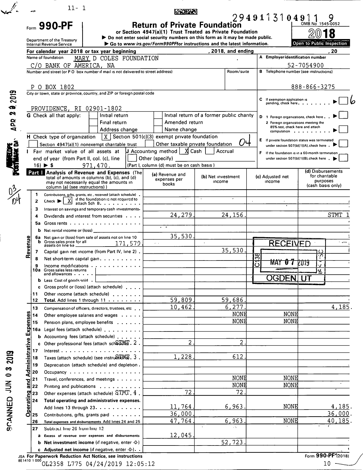 Image of first page of 2018 Form 990PF for Mary D Coles Foundation