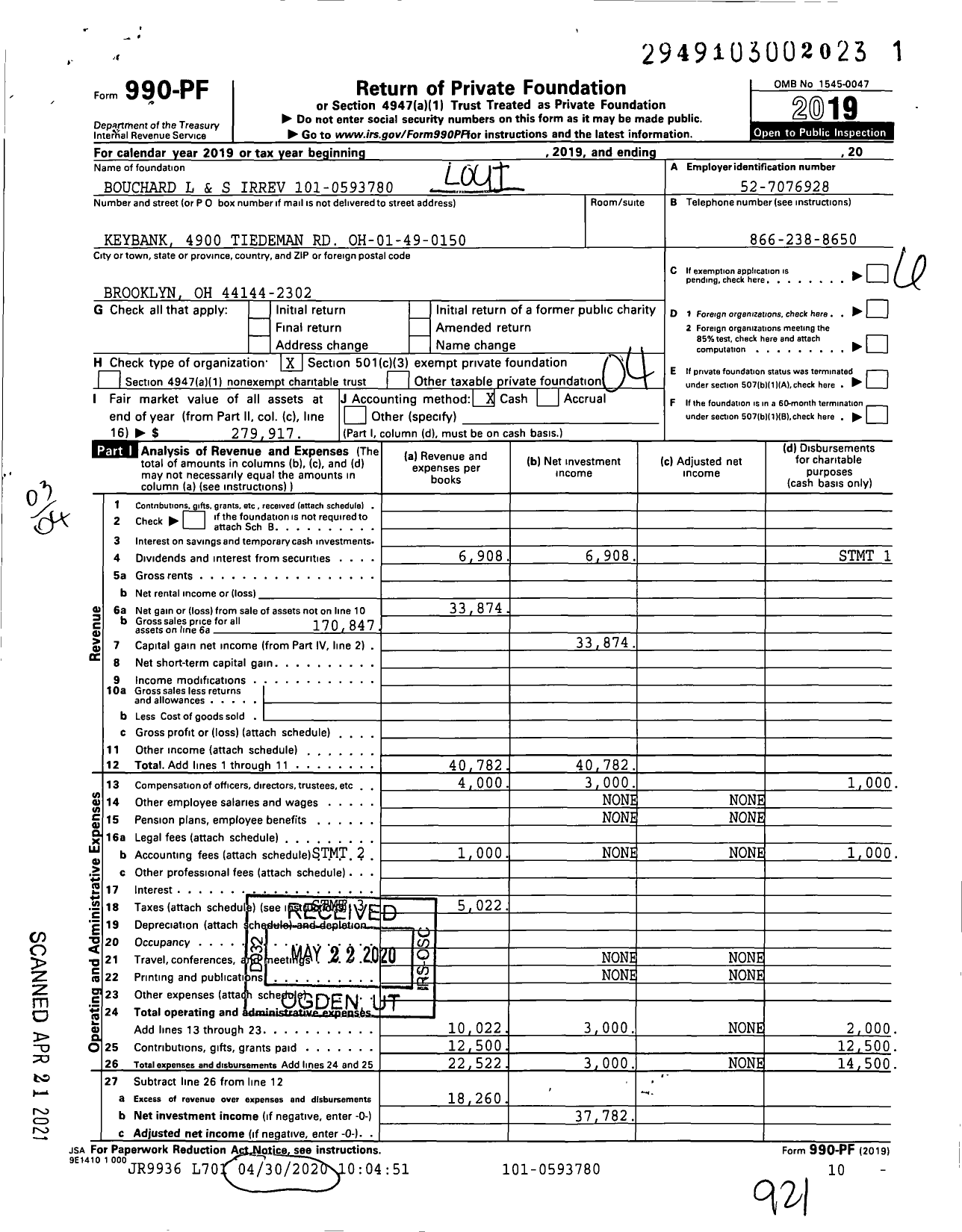 Image of first page of 2019 Form 990PF for Louis E &amp Helen S Bouchard Scholarship