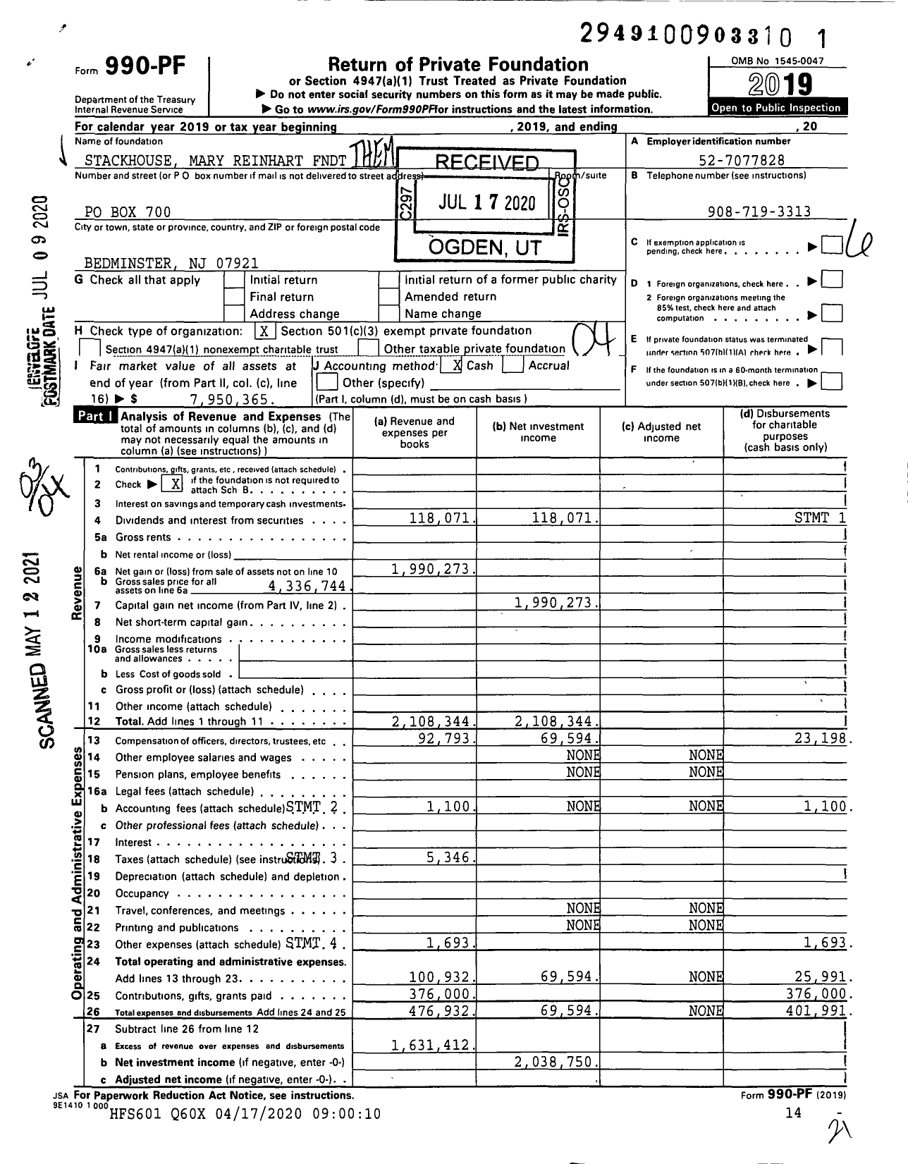 Image of first page of 2019 Form 990PF for Stackhouse Mary Reinhart FNDT