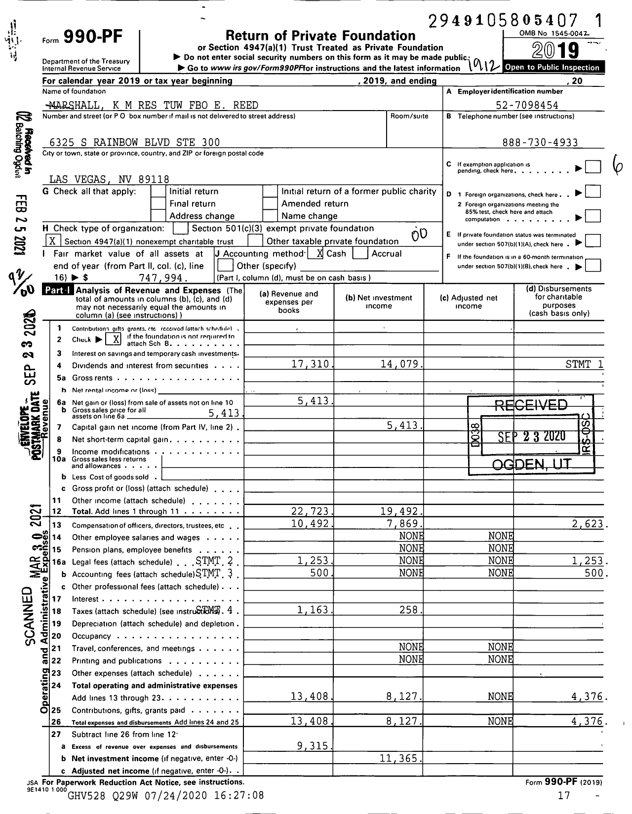 Image of first page of 2019 Form 990PF for Marshall K M Res Tuw Fbo E Reed