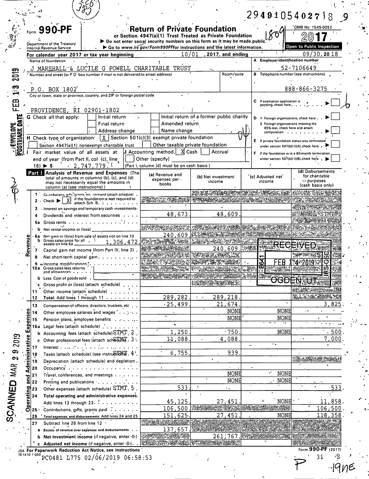 Image of first page of 2017 Form 990PF for J Marshall and Lucile G Powell Charitable Trust