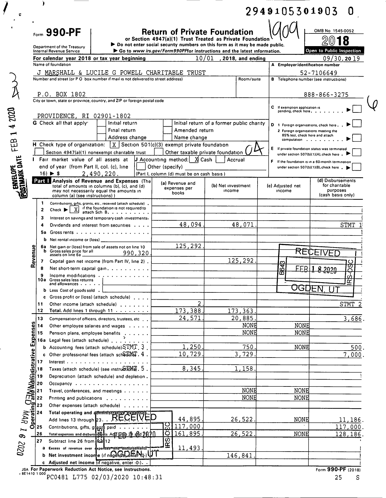 Image of first page of 2018 Form 990PR for J Marshall and Lucile G Powell Charitable Trust