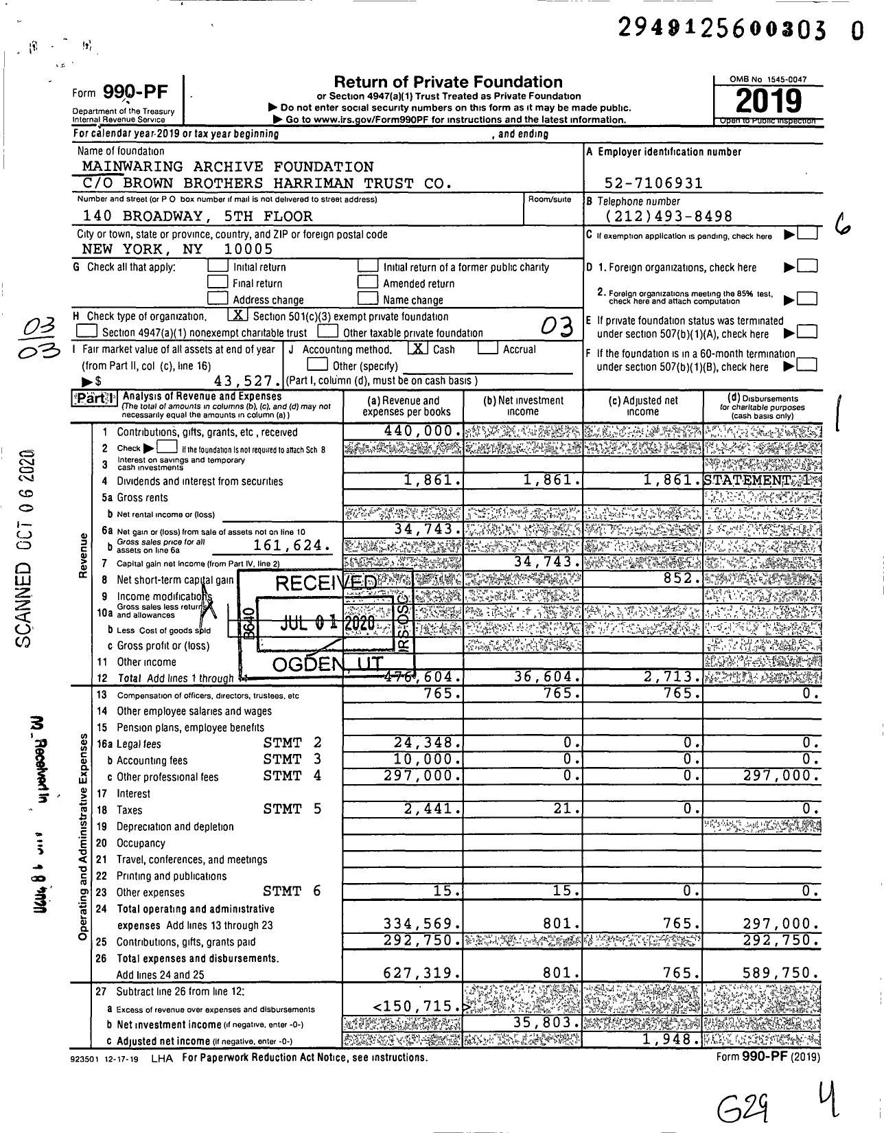 Image of first page of 2019 Form 990PR for Mainwaring Archive Foundation