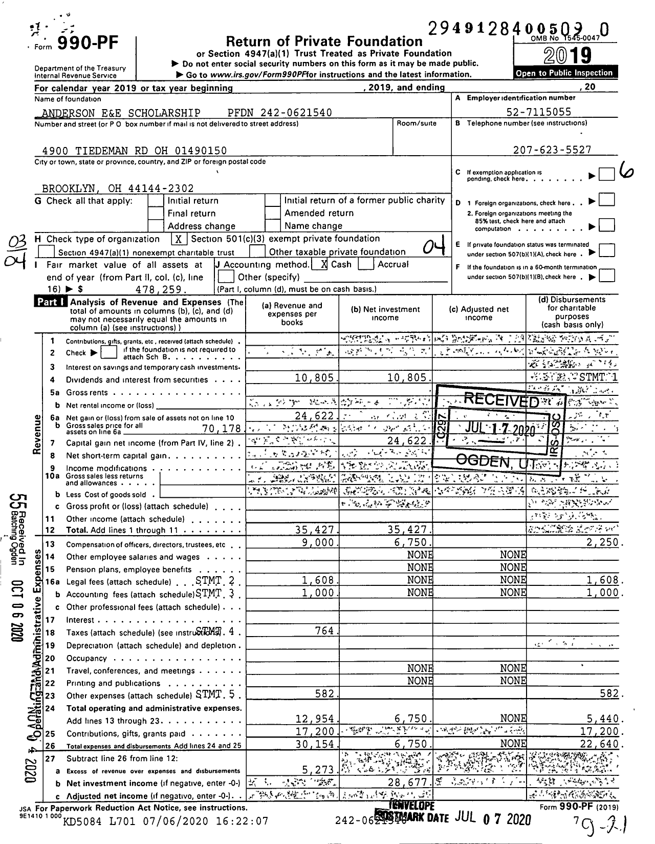 Image of first page of 2019 Form 990PF for Anderson E&e Scholarship PFDN