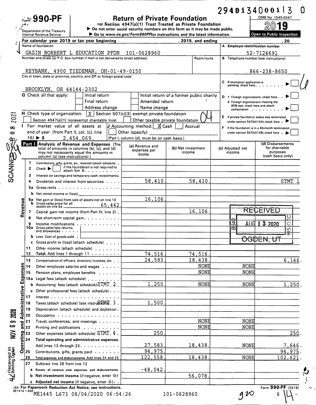 Image of first page of 2019 Form 990PF for Gazin Norbert L Education PFDN 101-0628960