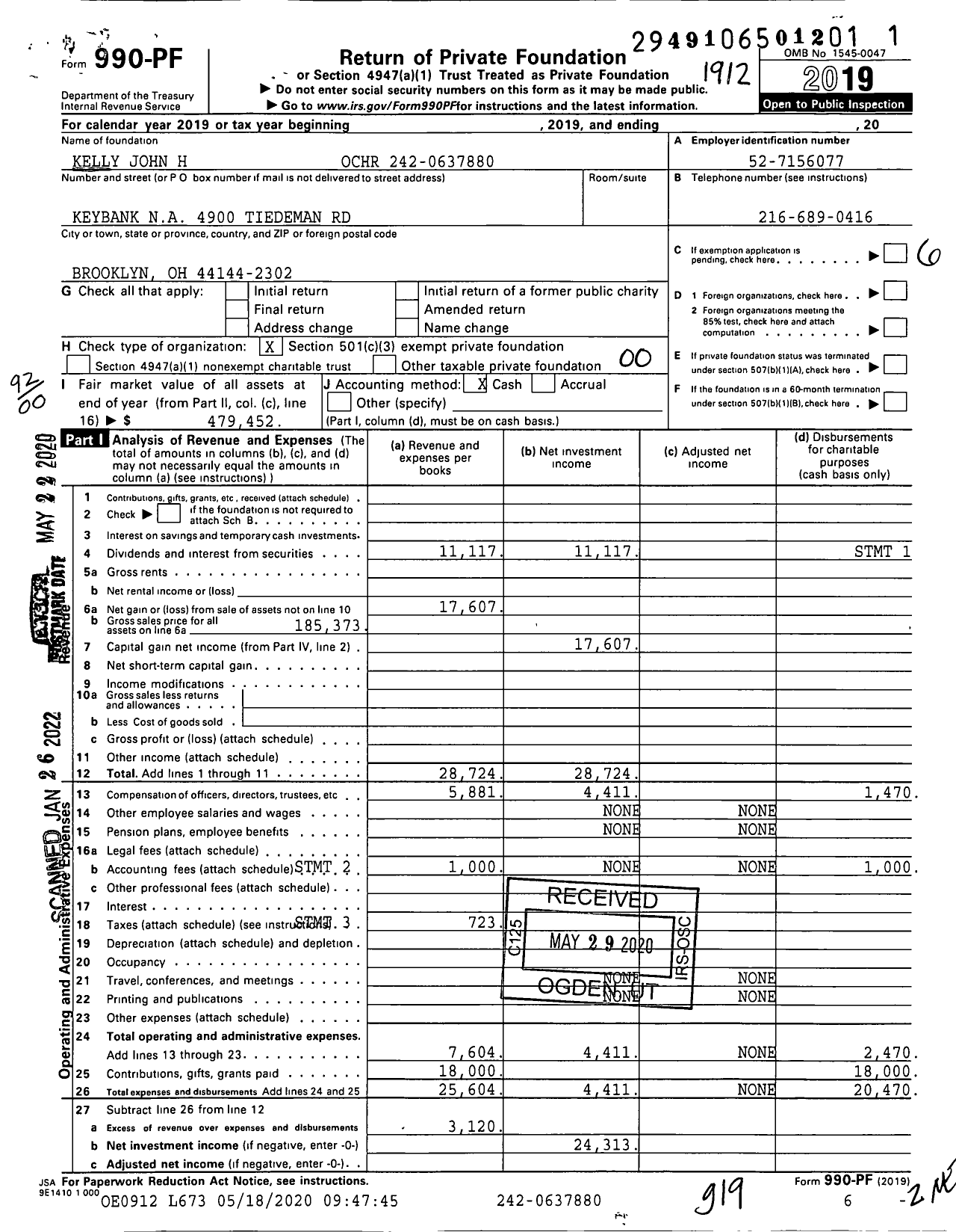 Image of first page of 2019 Form 990PF for Kelly John H Ochr