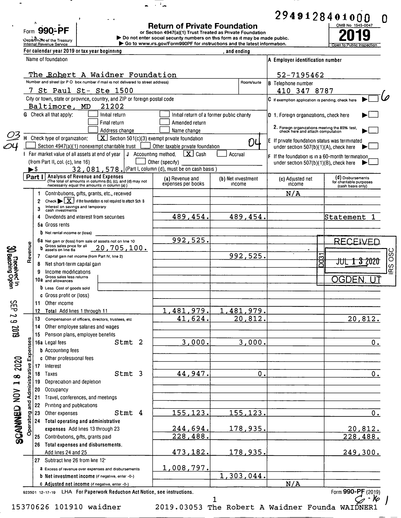 Image of first page of 2019 Form 990PF for The Robert A Waidner Foundation