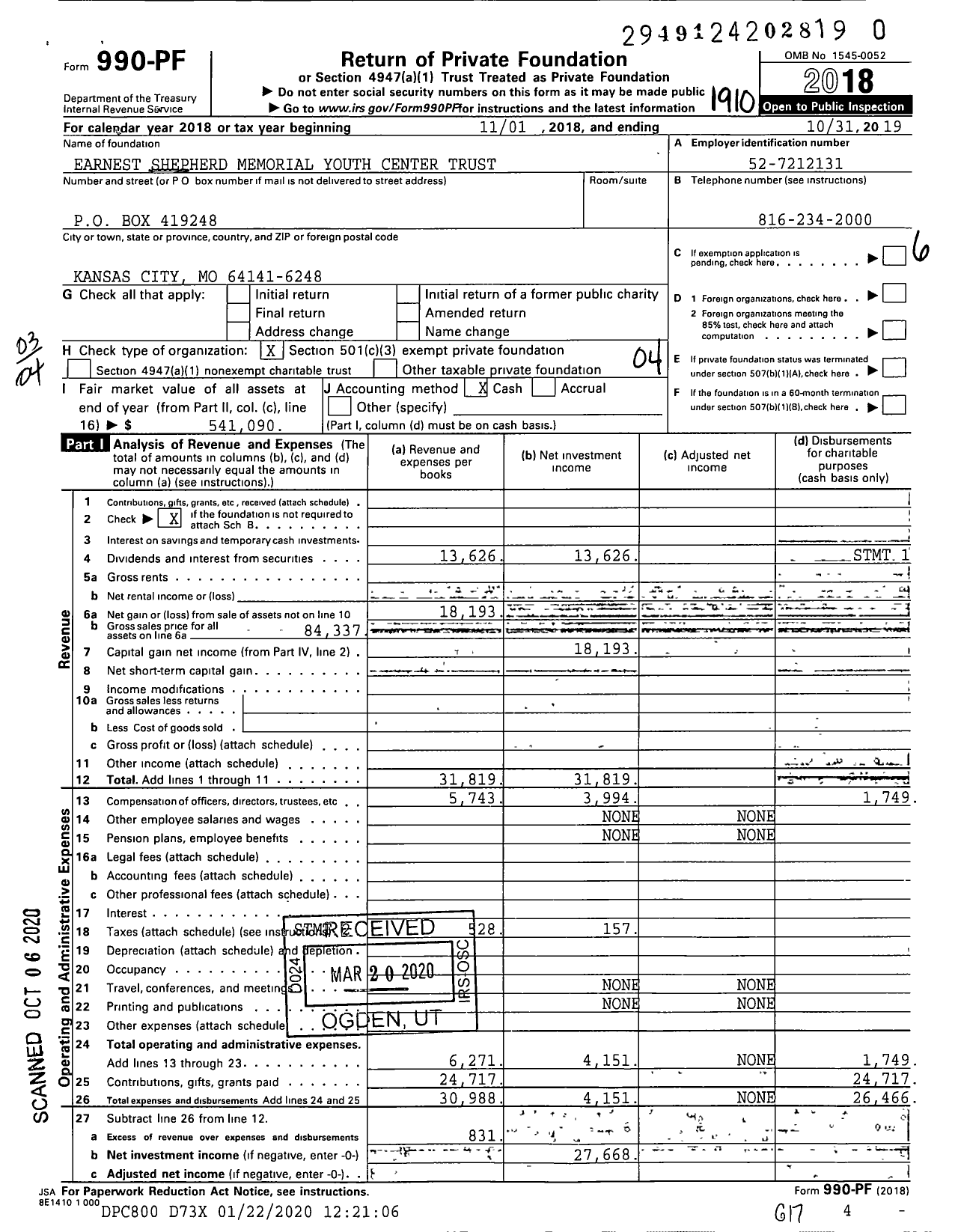 Image of first page of 2018 Form 990PR for Earnest Shepherd Memorial Youth Center Trust