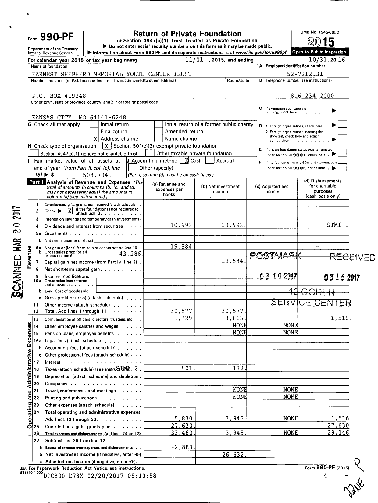 Image of first page of 2015 Form 990PF for Earnest Shepherd Memorial Youth Center Trust