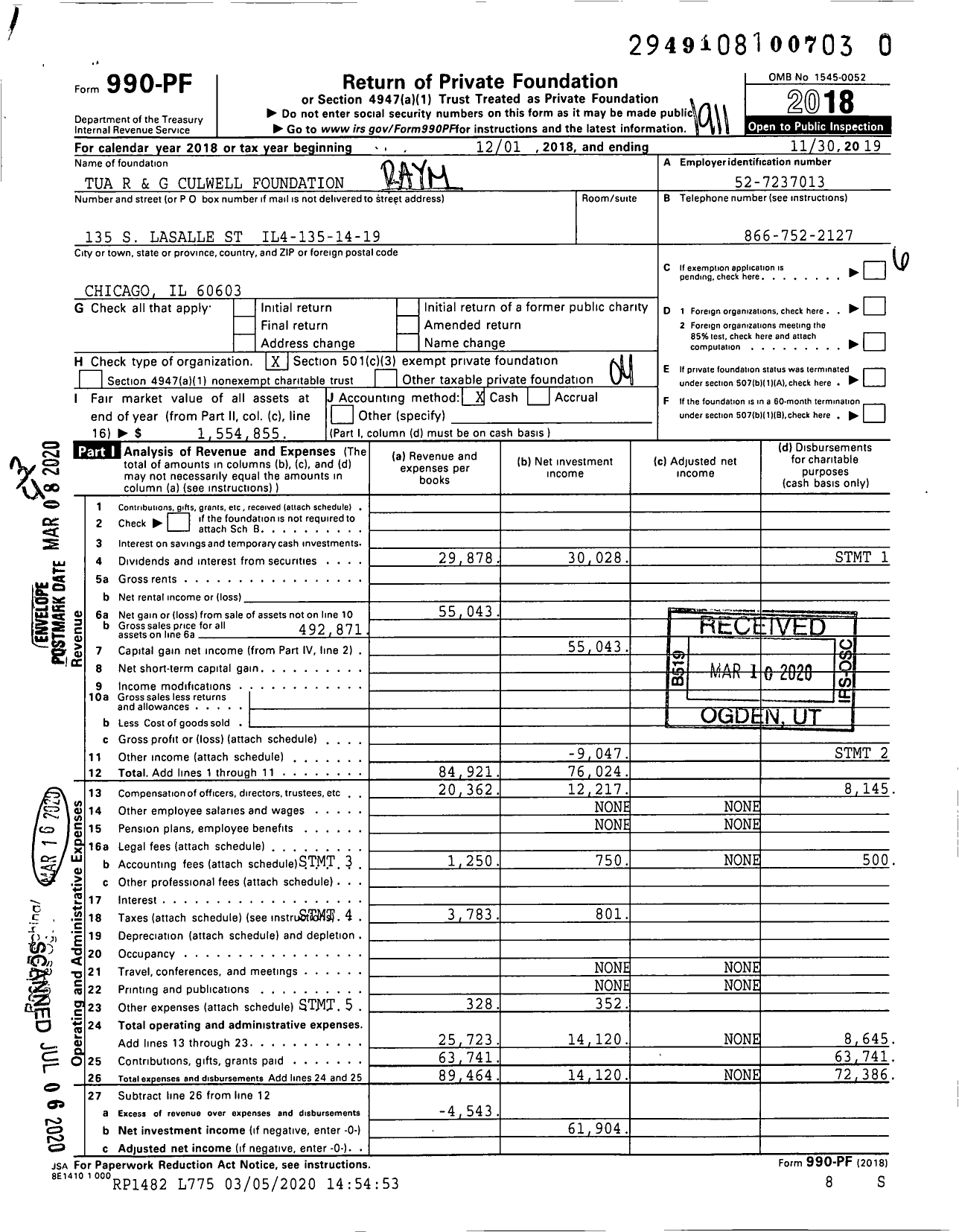 Image of first page of 2018 Form 990PR for Tua R and G Culwell Foundation