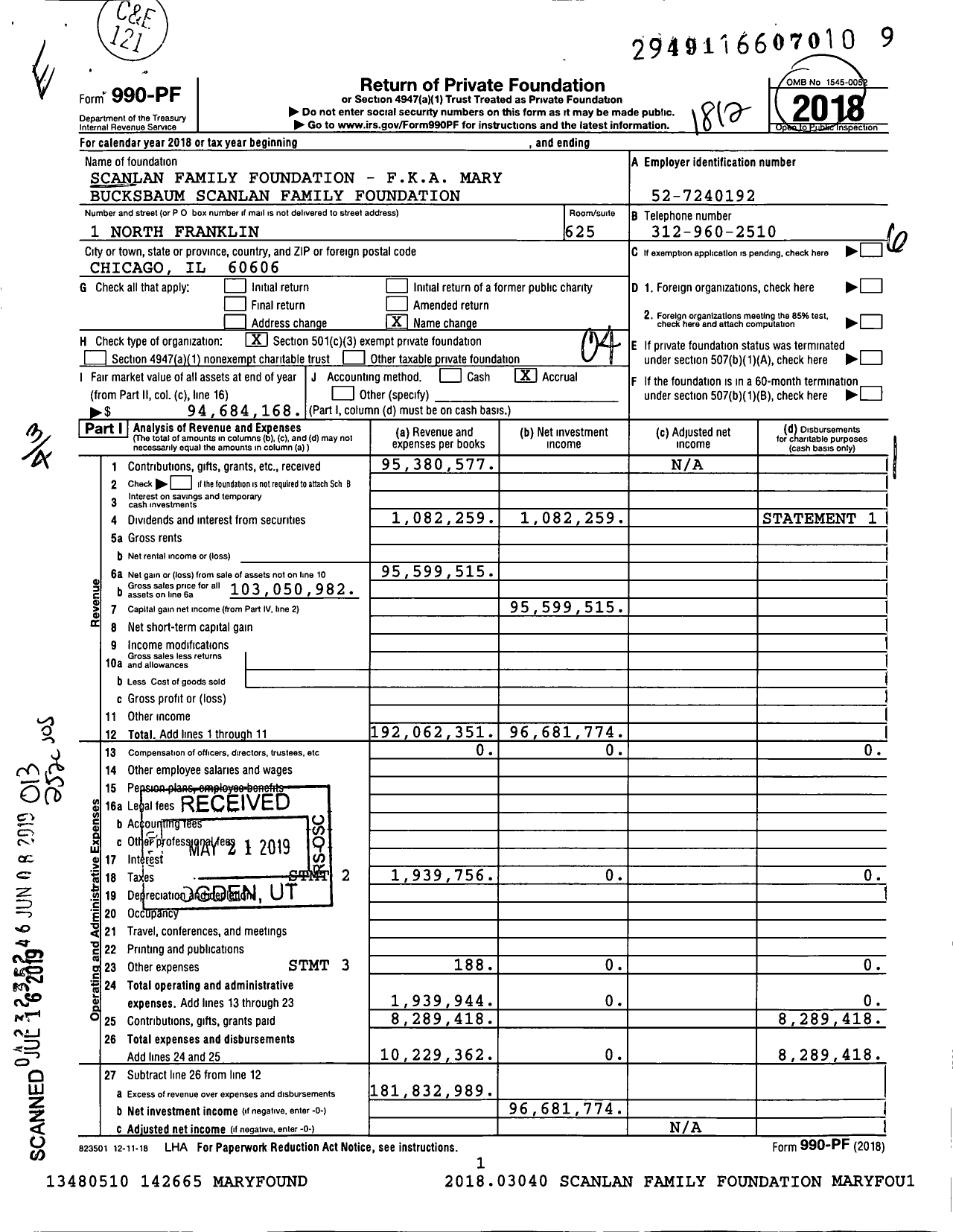 Image of first page of 2018 Form 990PF for Scanlan Family Foundation
