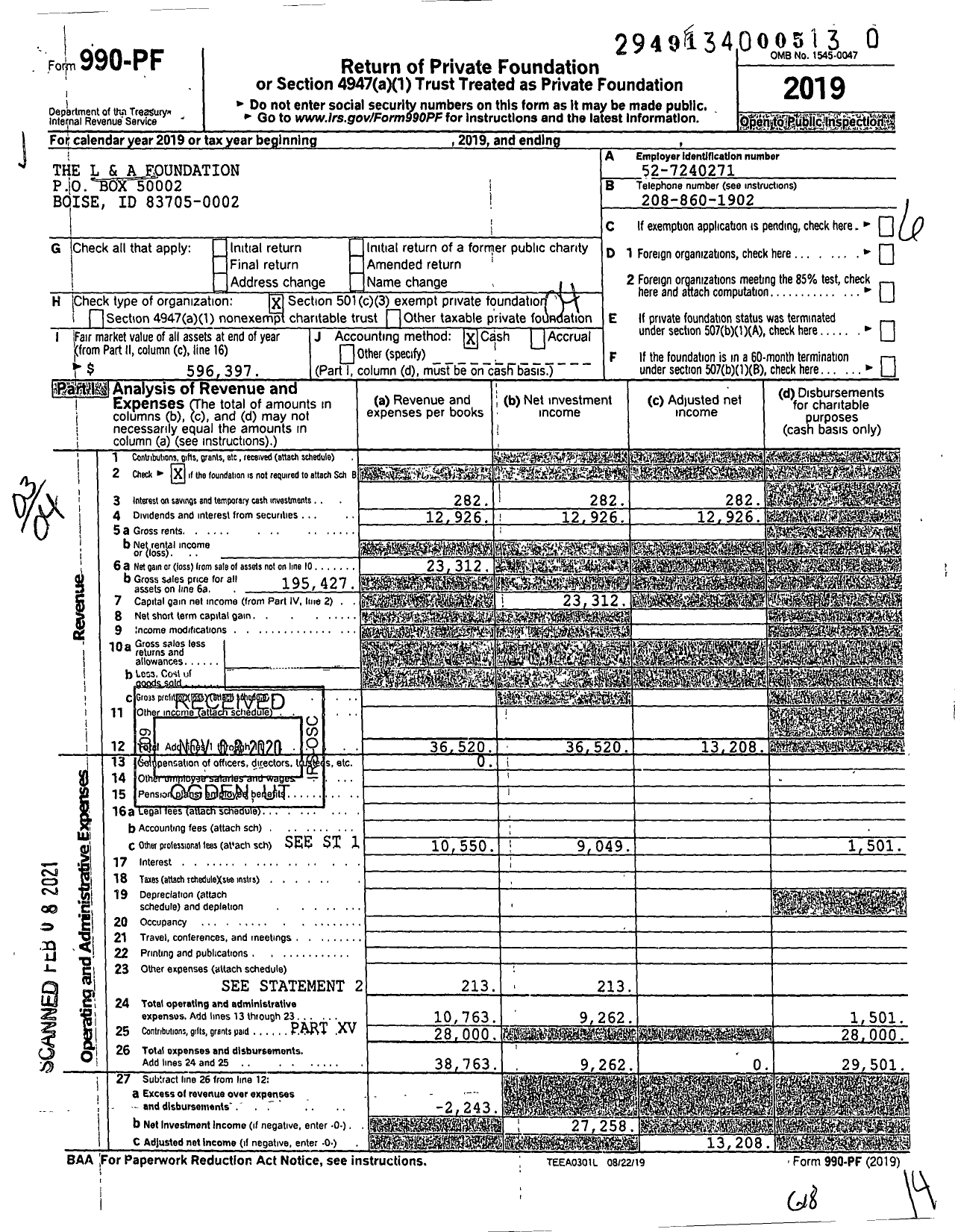 Image of first page of 2019 Form 990PF for The L & A Foundation