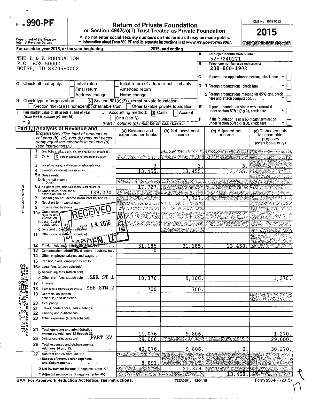 Image of first page of 2015 Form 990PF for The L & A Foundation