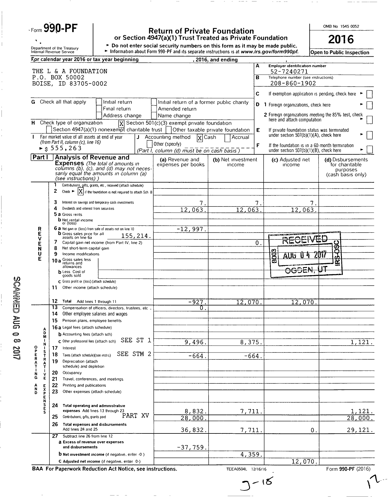 Image of first page of 2016 Form 990PF for The L & A Foundation