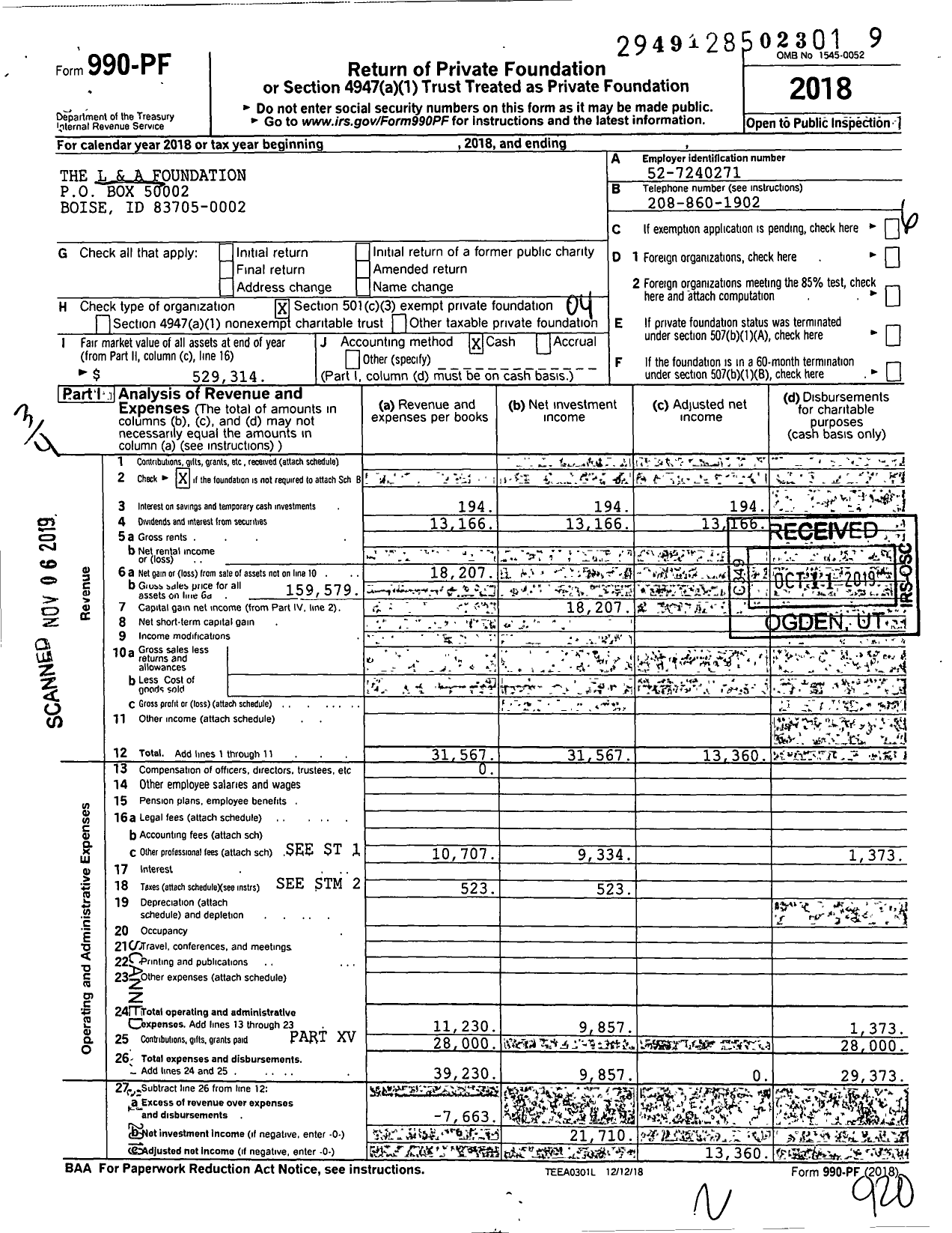 Image of first page of 2018 Form 990PF for The L & A Foundation