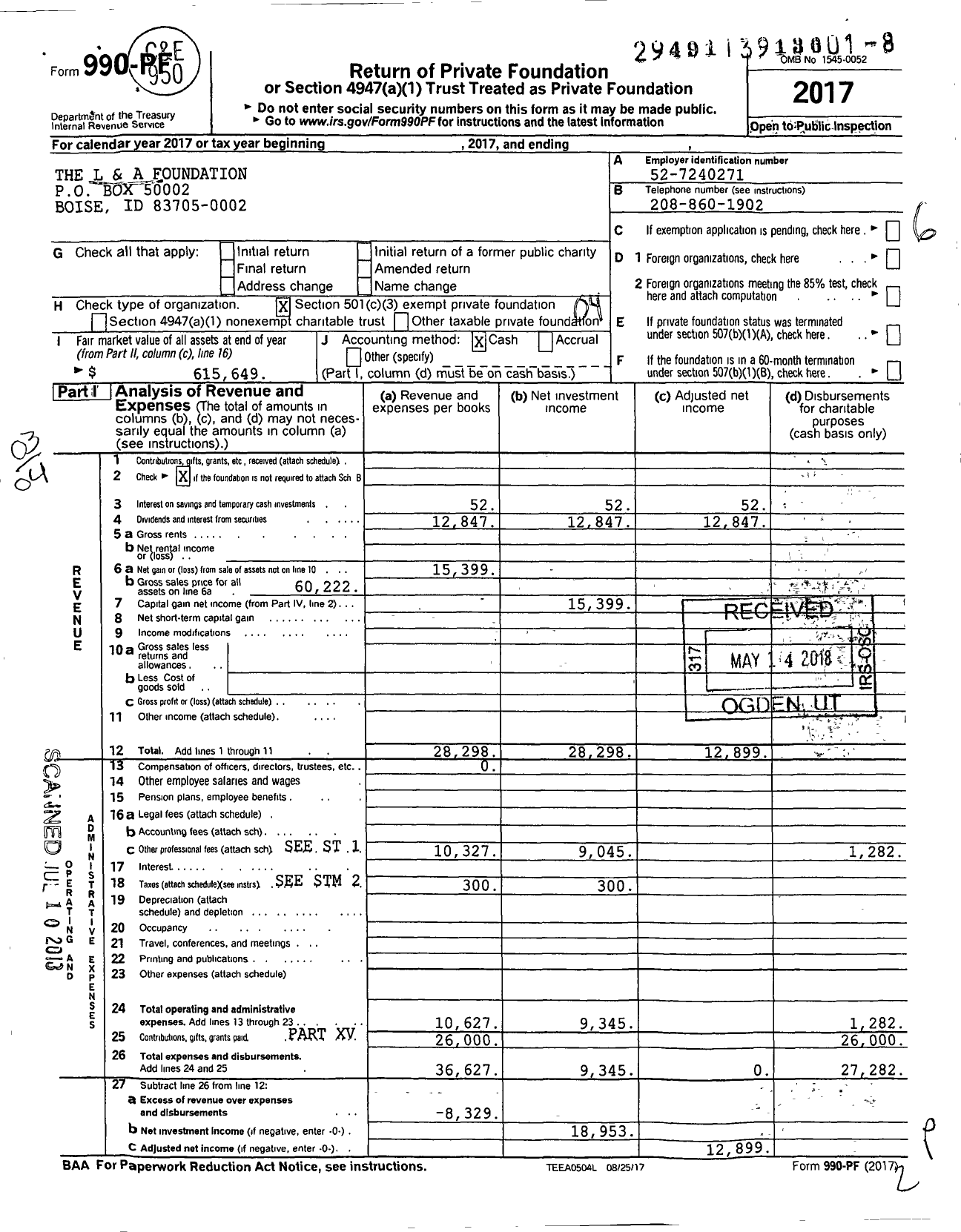Image of first page of 2017 Form 990PF for The L & A Foundation