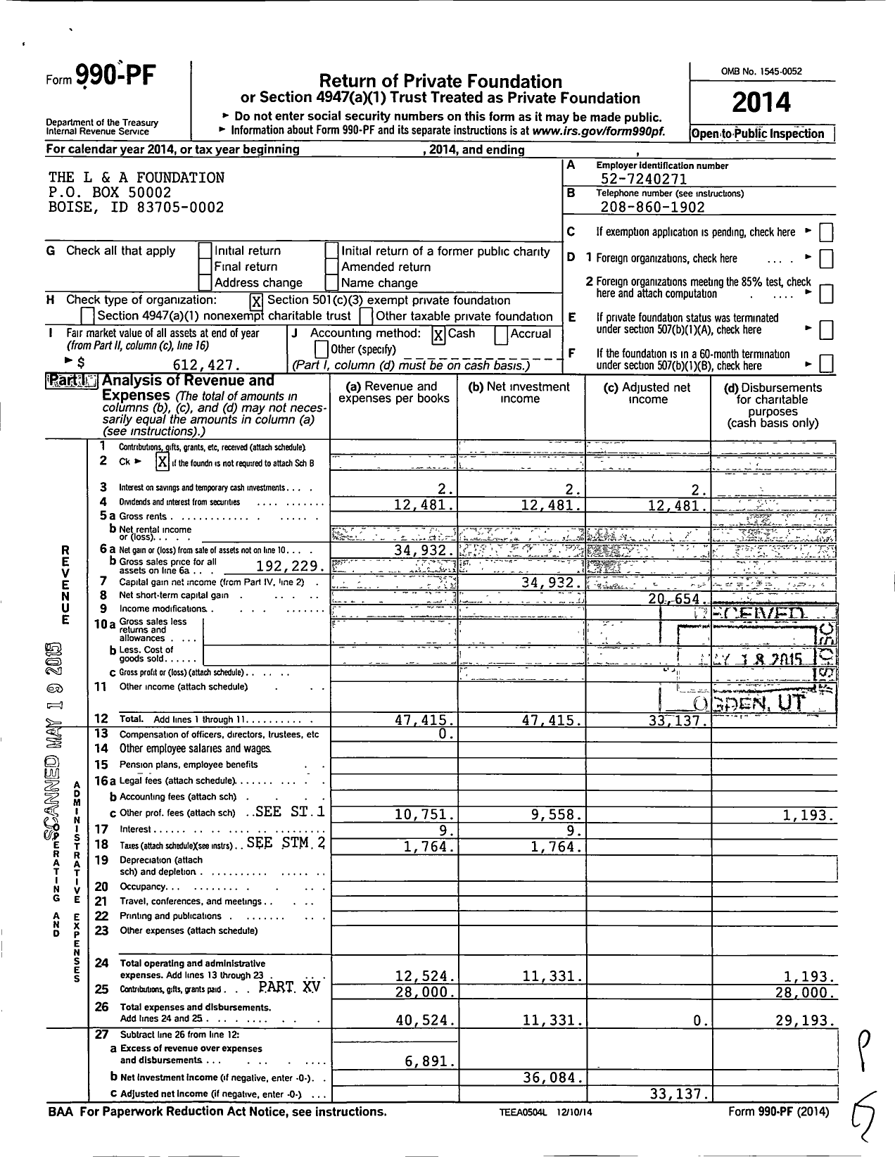 Image of first page of 2014 Form 990PF for The L & A Foundation