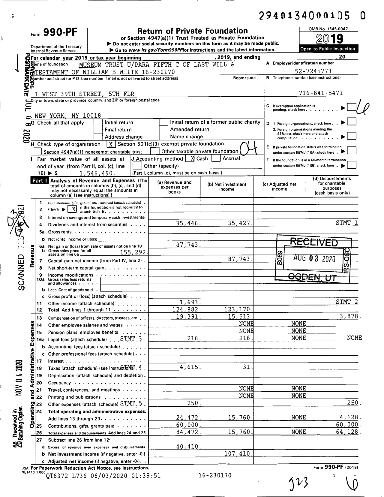 Image of first page of 2019 Form 990PF for Museum Trust Upara Fifth C of Last Will