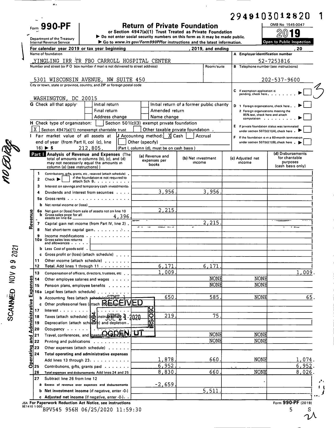 Image of first page of 2019 Form 990PF for Yingling Irr TR Fbo Carroll Hospital Center